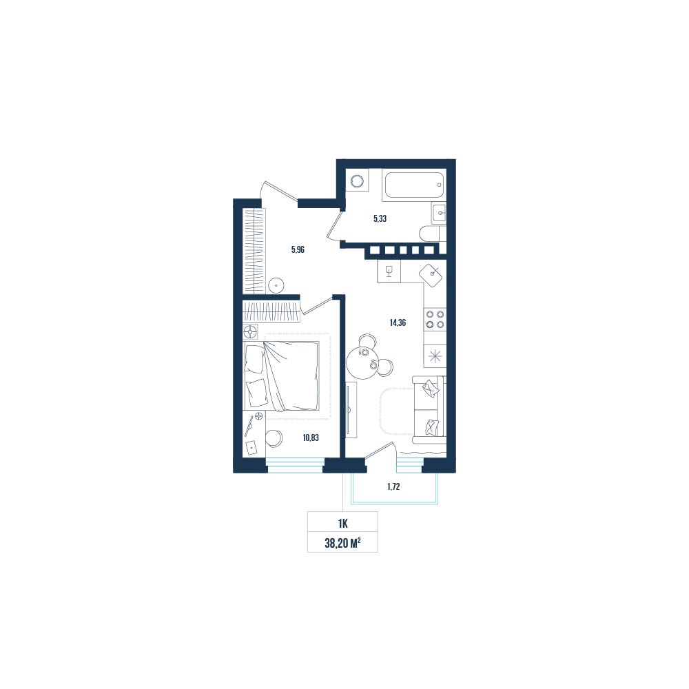 Планировка: Евродвушка 38.2 м² в ЖК Смородина, Мелиораторов