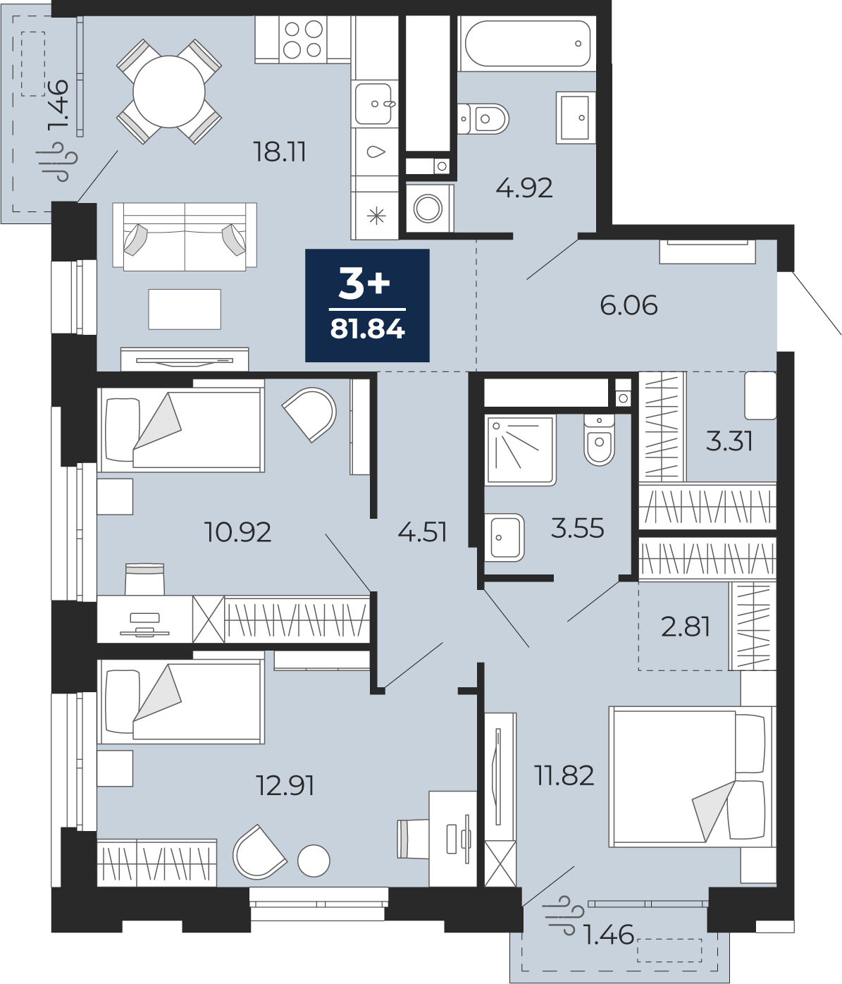Планировка: 4-комнатная евро 81.8 м² в ЖК Мириады, Мыс
