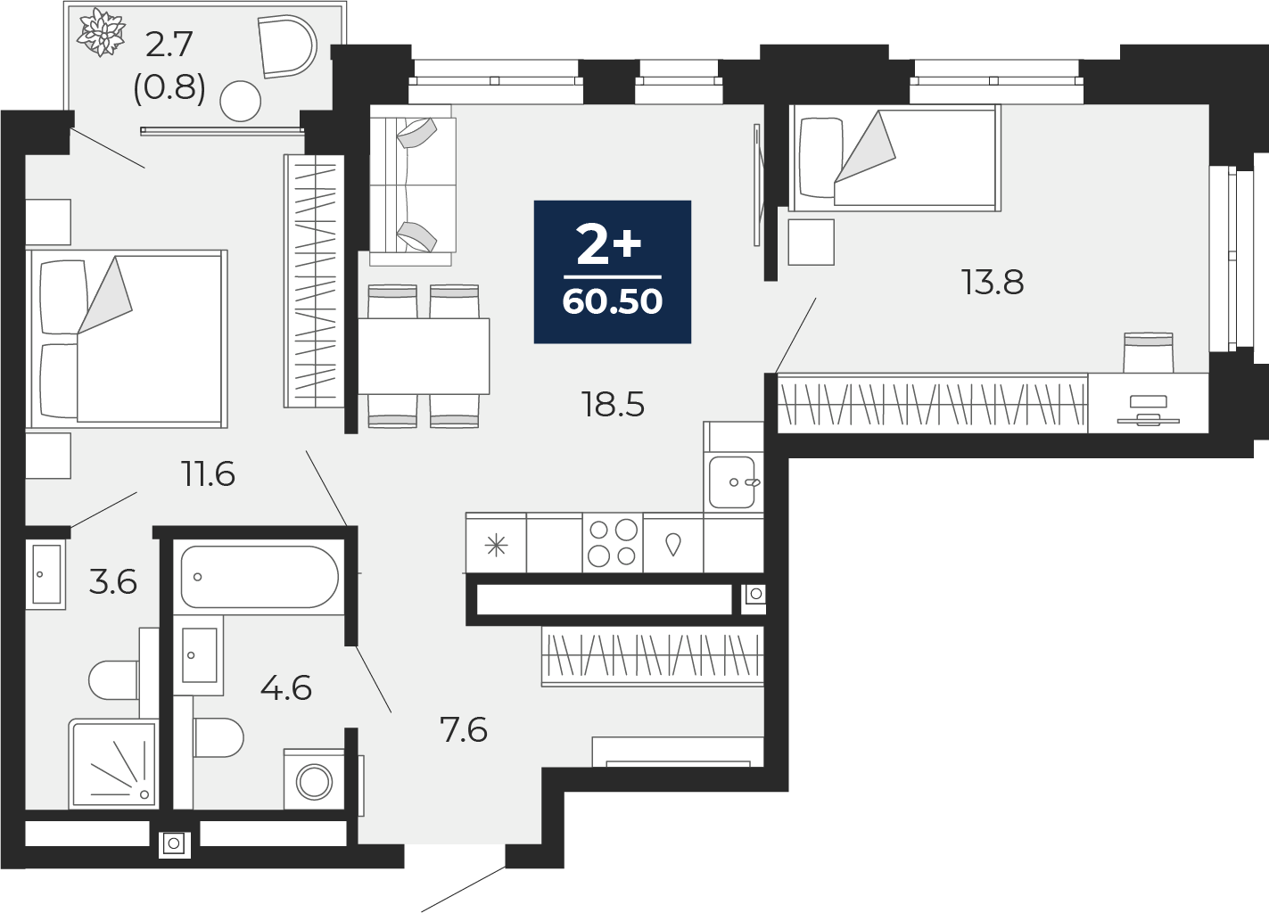 Планировка: Евротрешка 62.4 м² в ЖК Мириады, Мыс