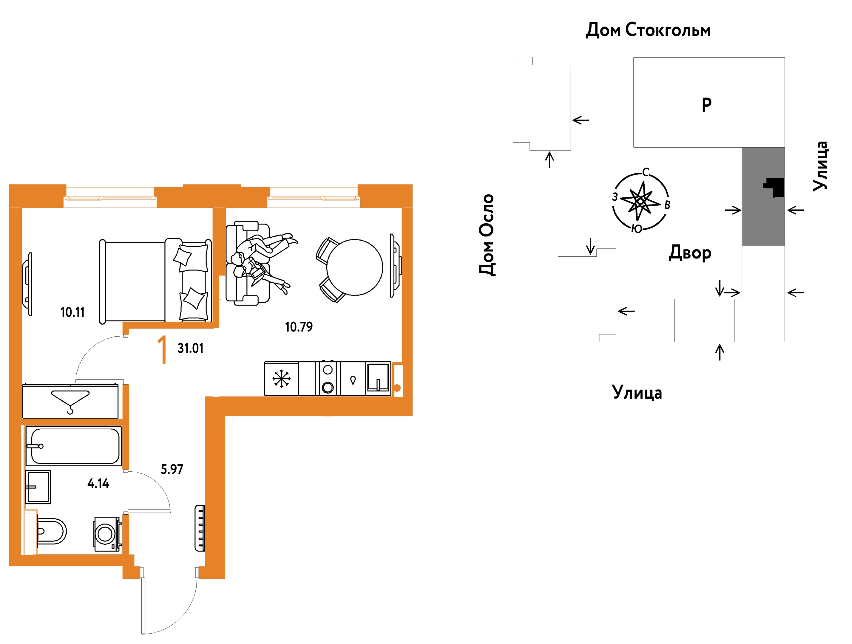 Планировка: 1-комнатная 31 м² в ЖК Европейский берег 2.0, Европейский