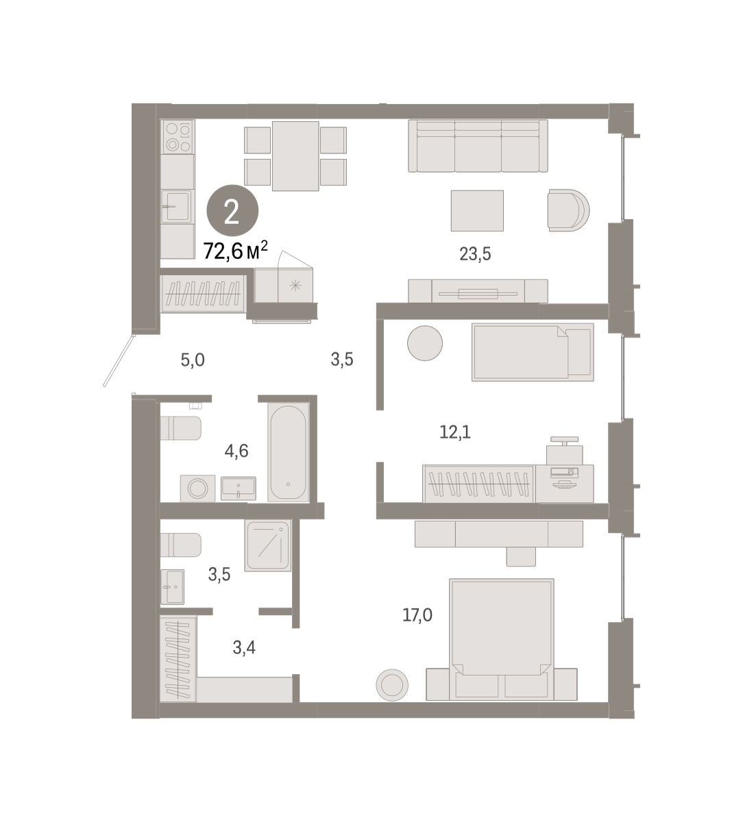 Планировка: Евротрешка 72.6 м² в ЖК Республики 205, Центр: КПД
