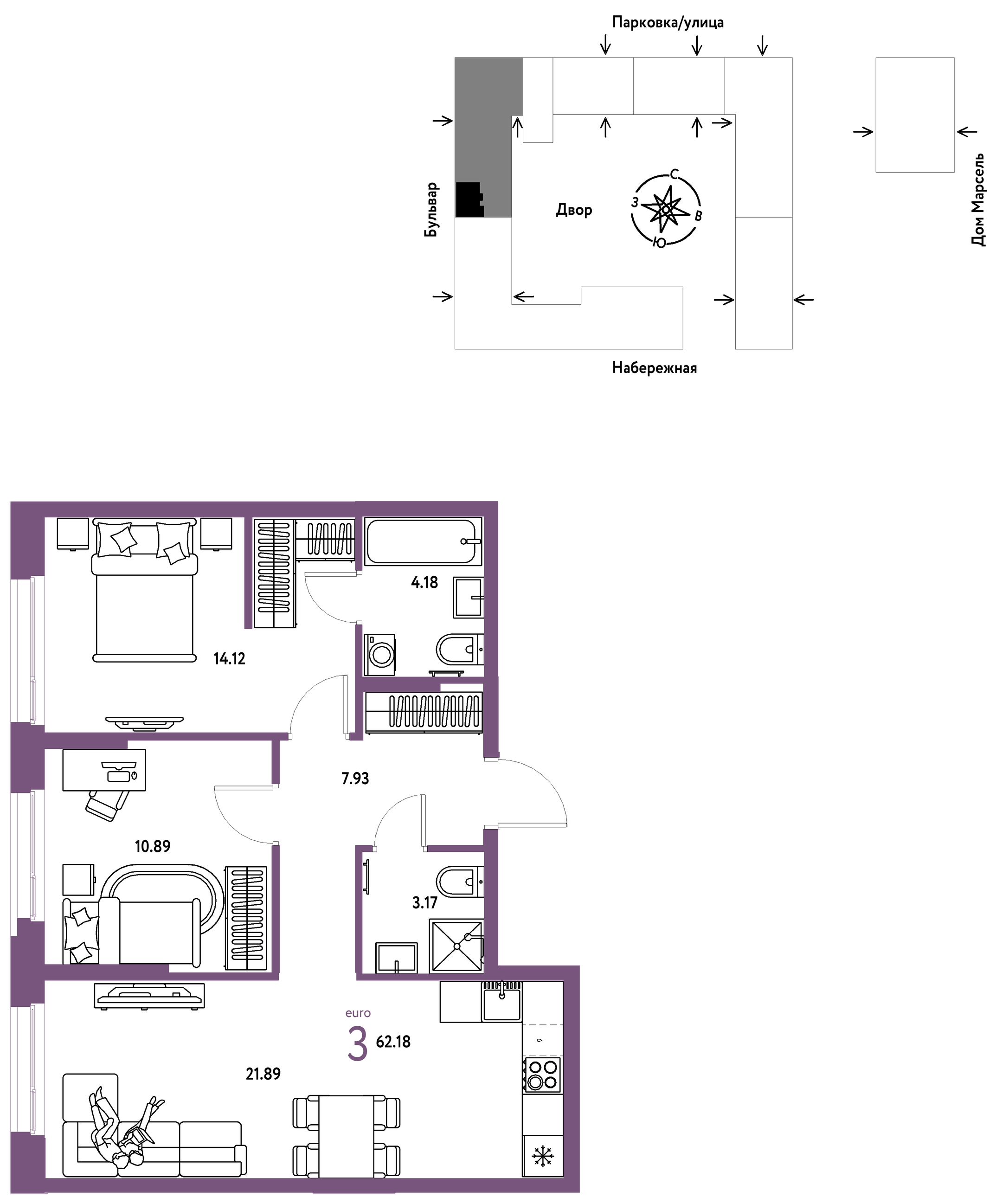 Планировка: Евротрешка 62.2 м² в ЖК Европейский берег 2.0, Европейский