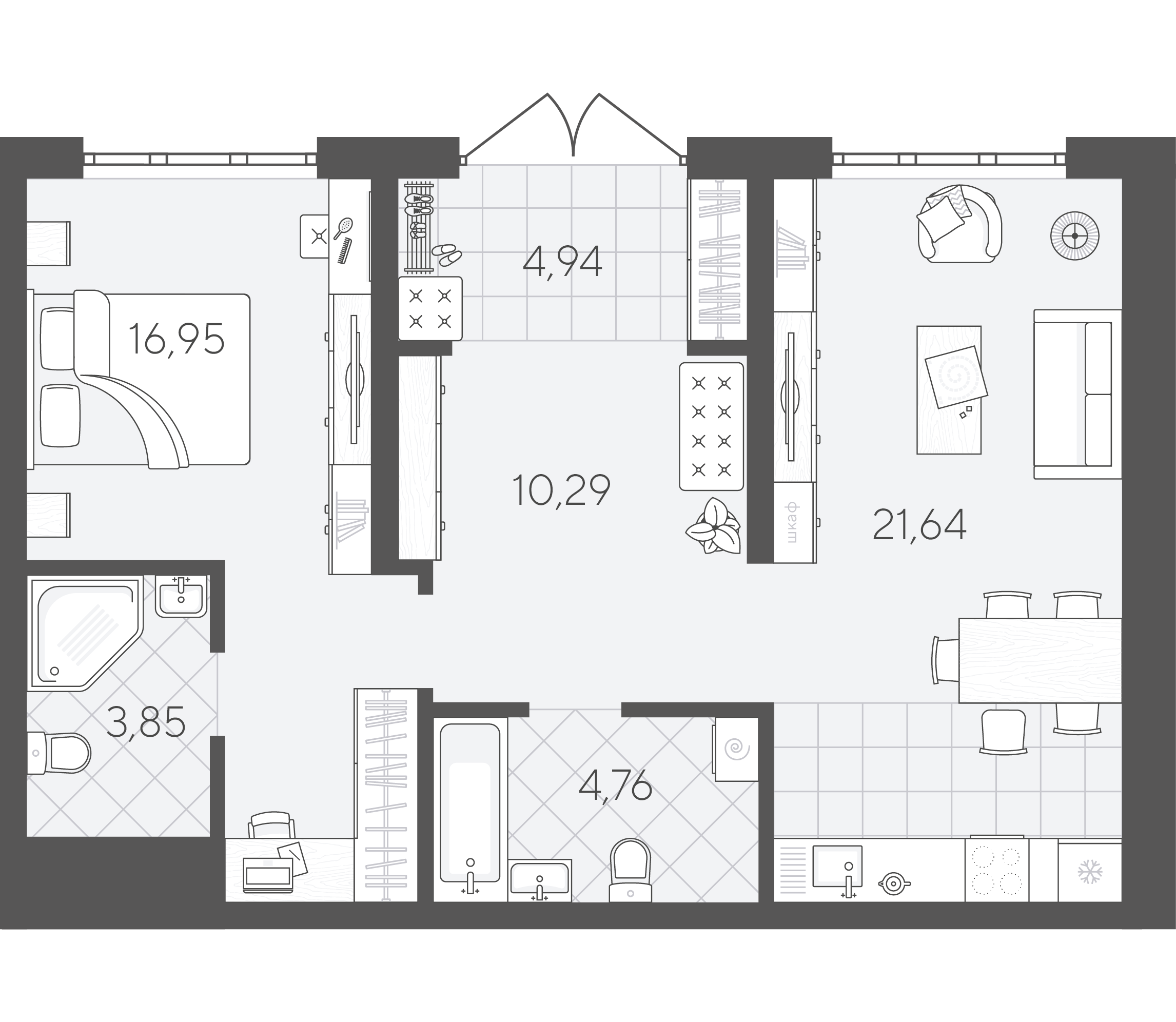 Планировка: Евродвушка 62.4 м² в ЖК Скандиа. Квартал в Слободе, Тюменская слобода