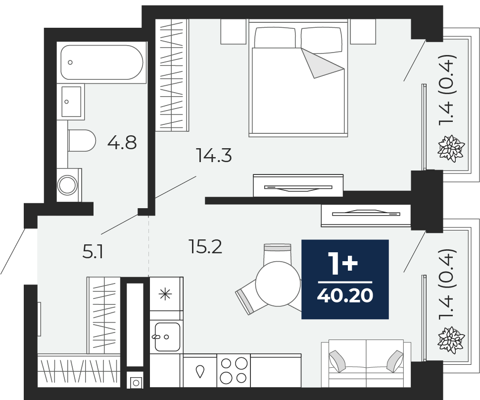 Планировка: Евродвушка 42.2 м² в ЖК Мириады, Мыс