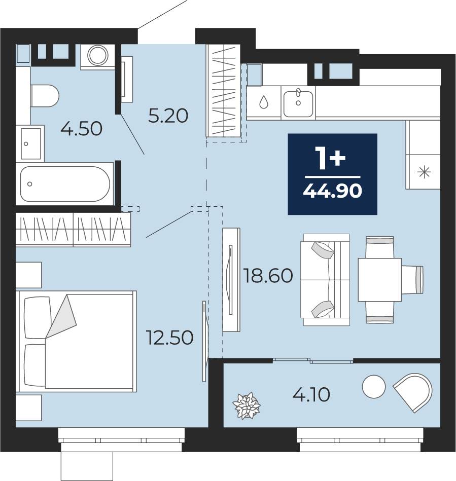Планировка: Евродвушка 44.9 м² в ЖК Айвазовский, 5-й Заречный