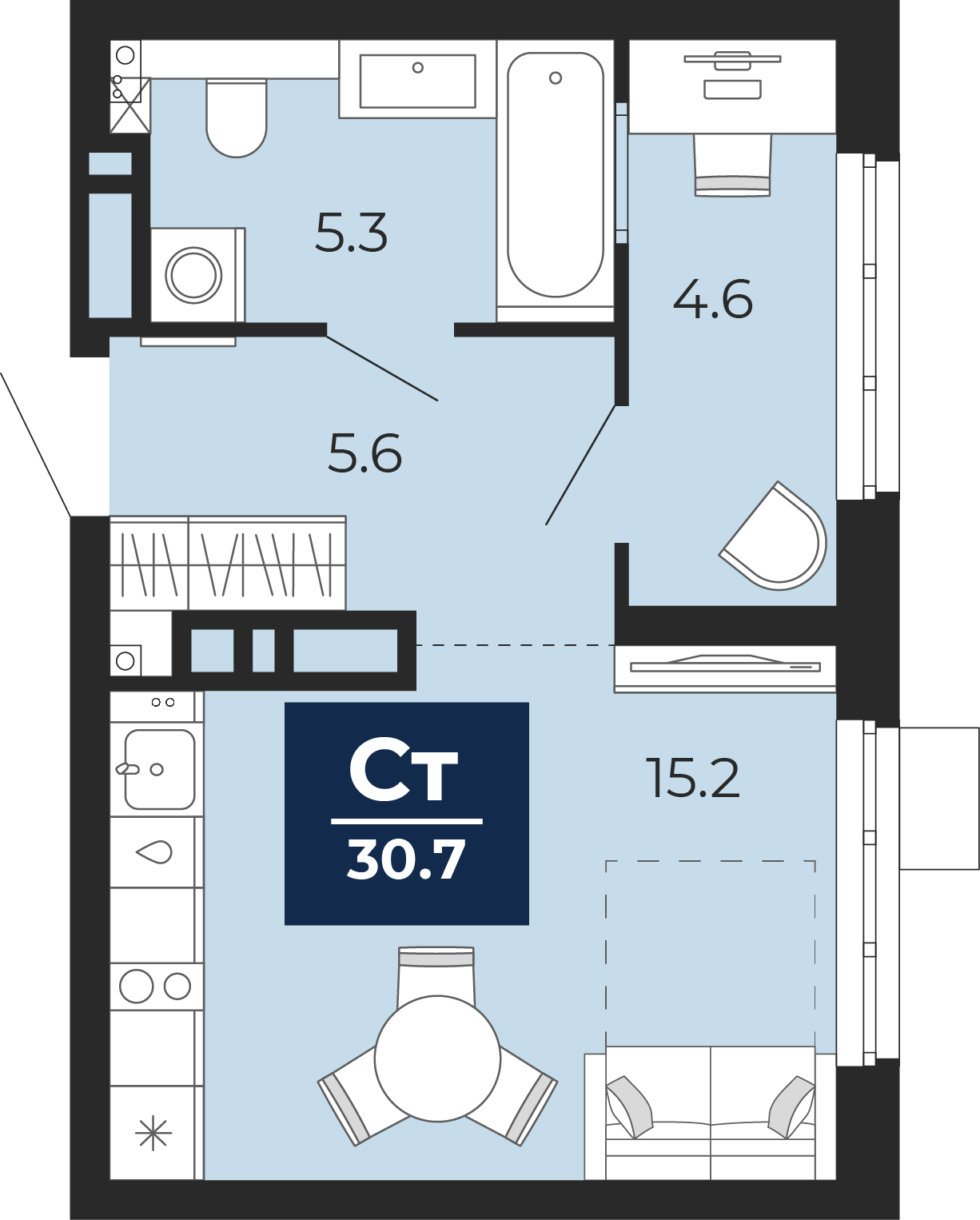 Планировка: Студия 31.4 м² в ЖК Беринг, Лесобаза