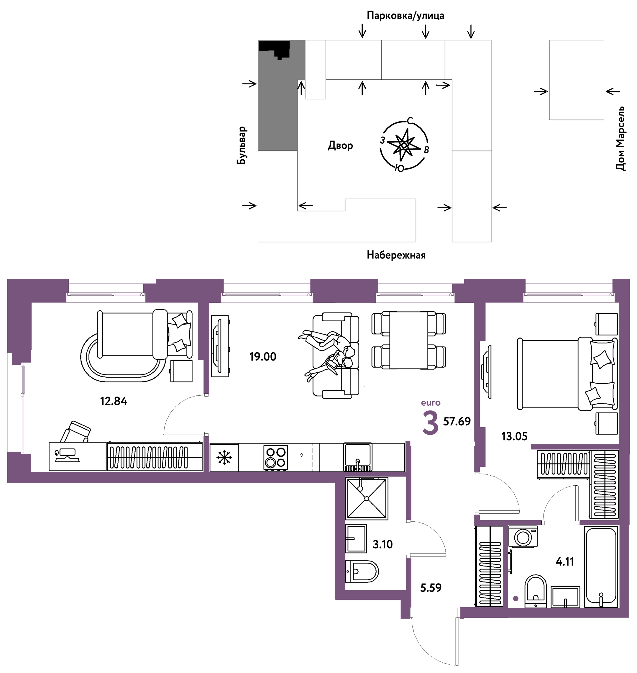 Планировка: Евротрешка 57.7 м² в ЖК Европейский берег 2.0, Европейский