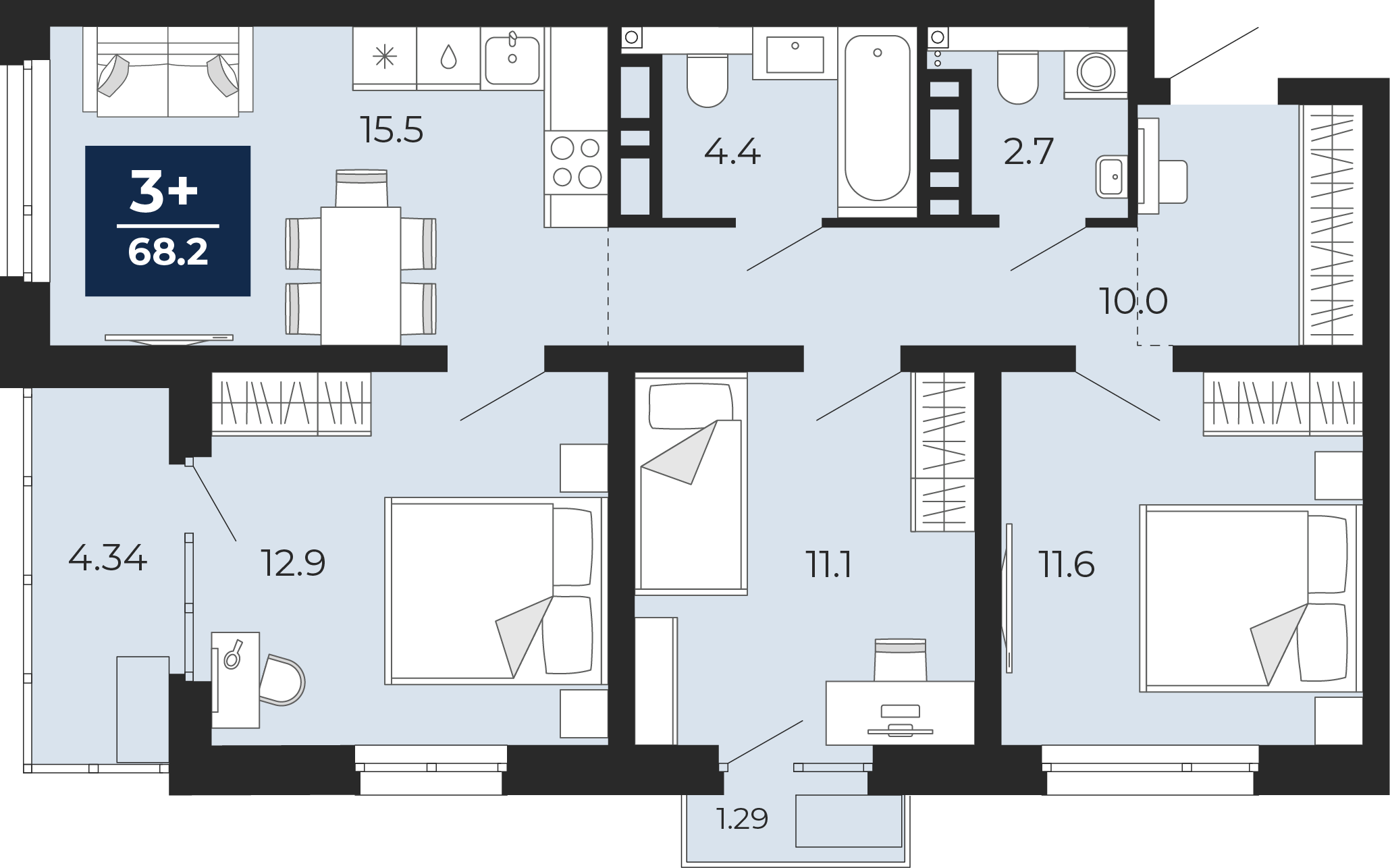 Планировка: 4-комнатная евро 75.2 м² в ЖК Прео, Тюменская слобода