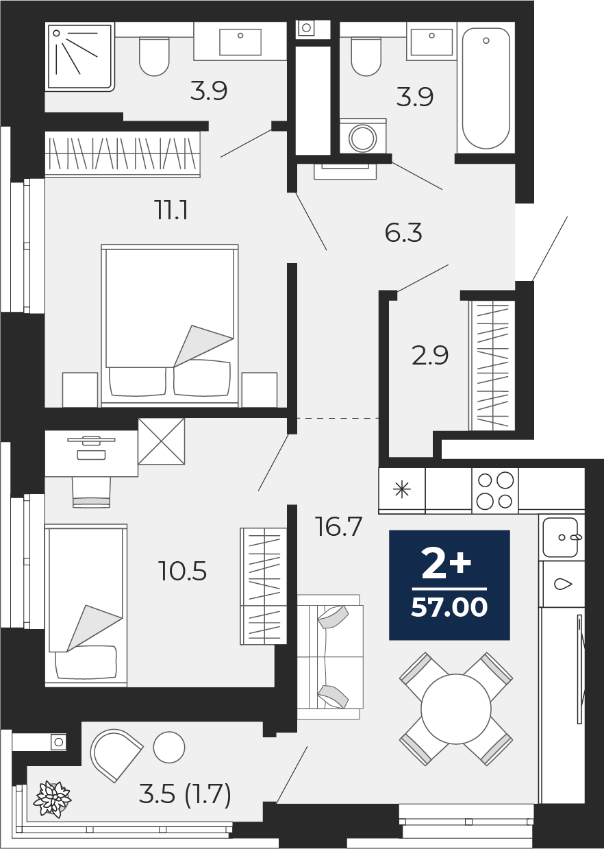 Планировка: Евротрешка 58.8 м² в ЖК Мириады, Мыс
