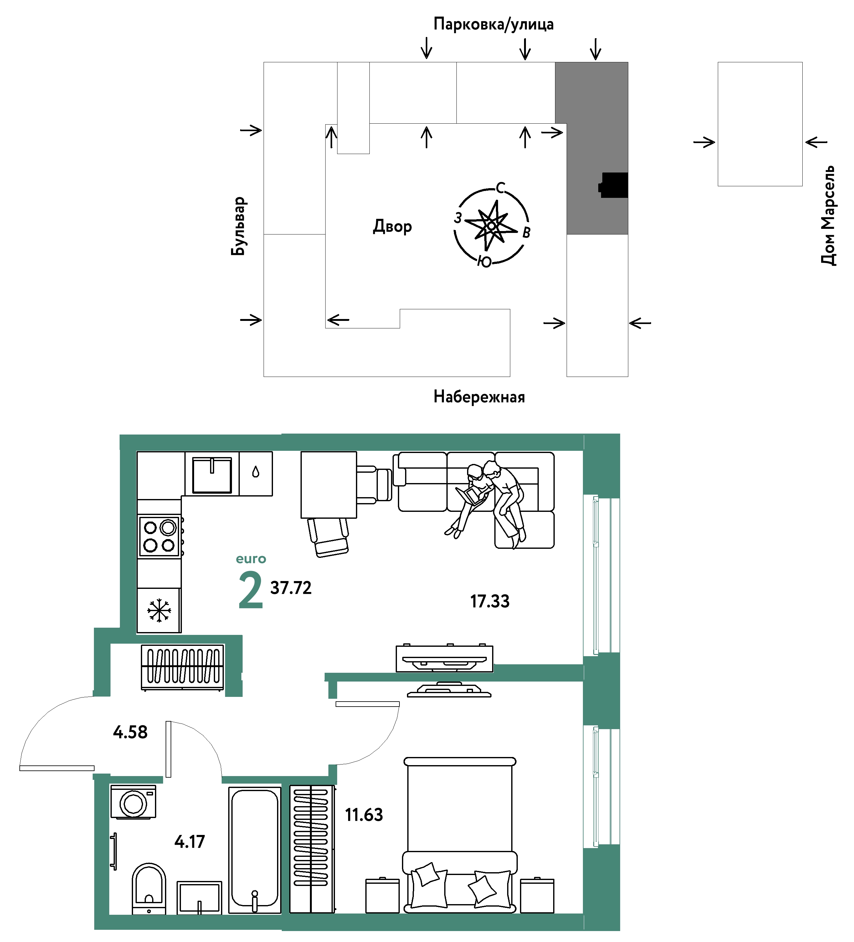 Планировка: Евродвушка 37.7 м² в ЖК Европейский берег 2.0, Европейский