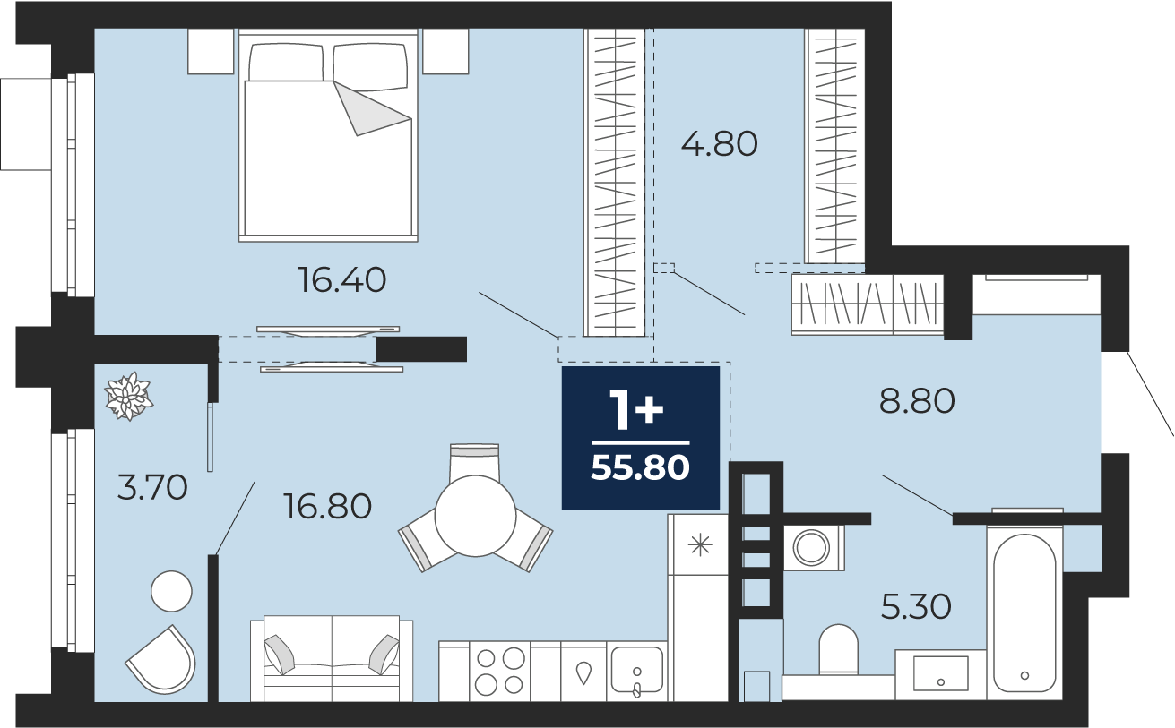 Планировка: Евродвушка 55.8 м² в ЖК Айвазовский, 5-й Заречный