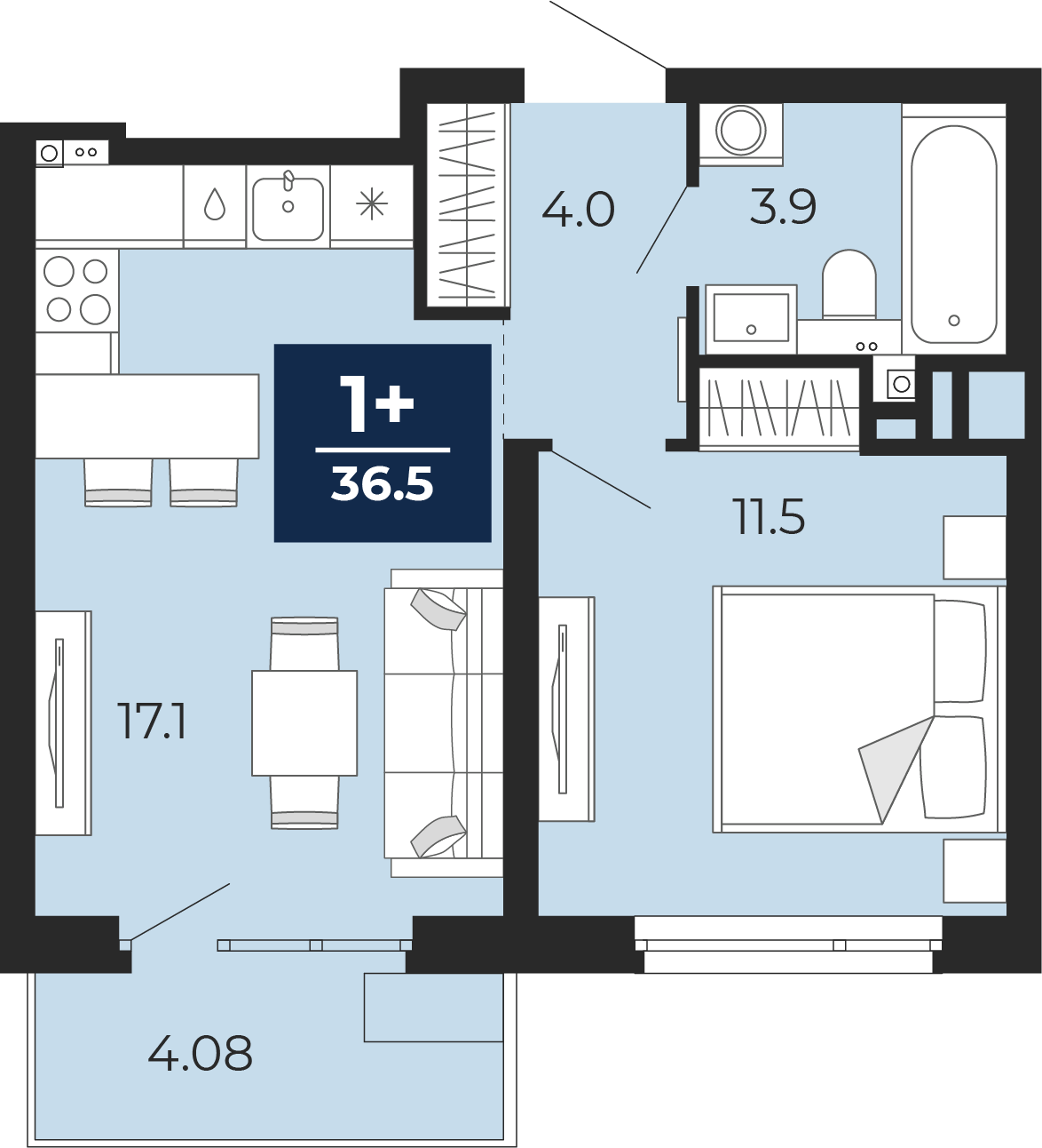 Планировка: Евродвушка 41.2 м² в ЖК Прео, Тюменская слобода