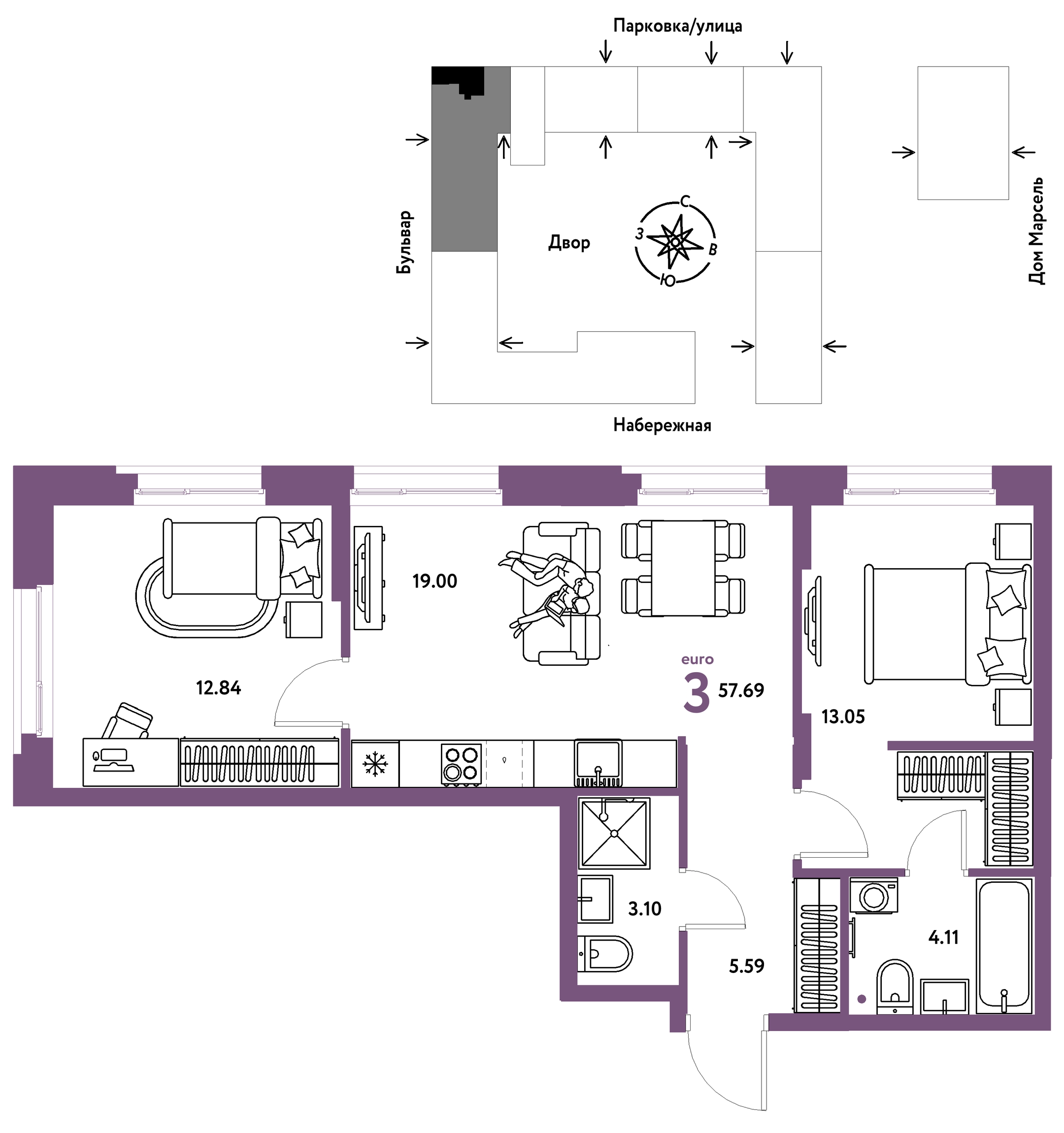 Планировка: Евротрешка 57.7 м² в ЖК Европейский берег 2.0, Европейский