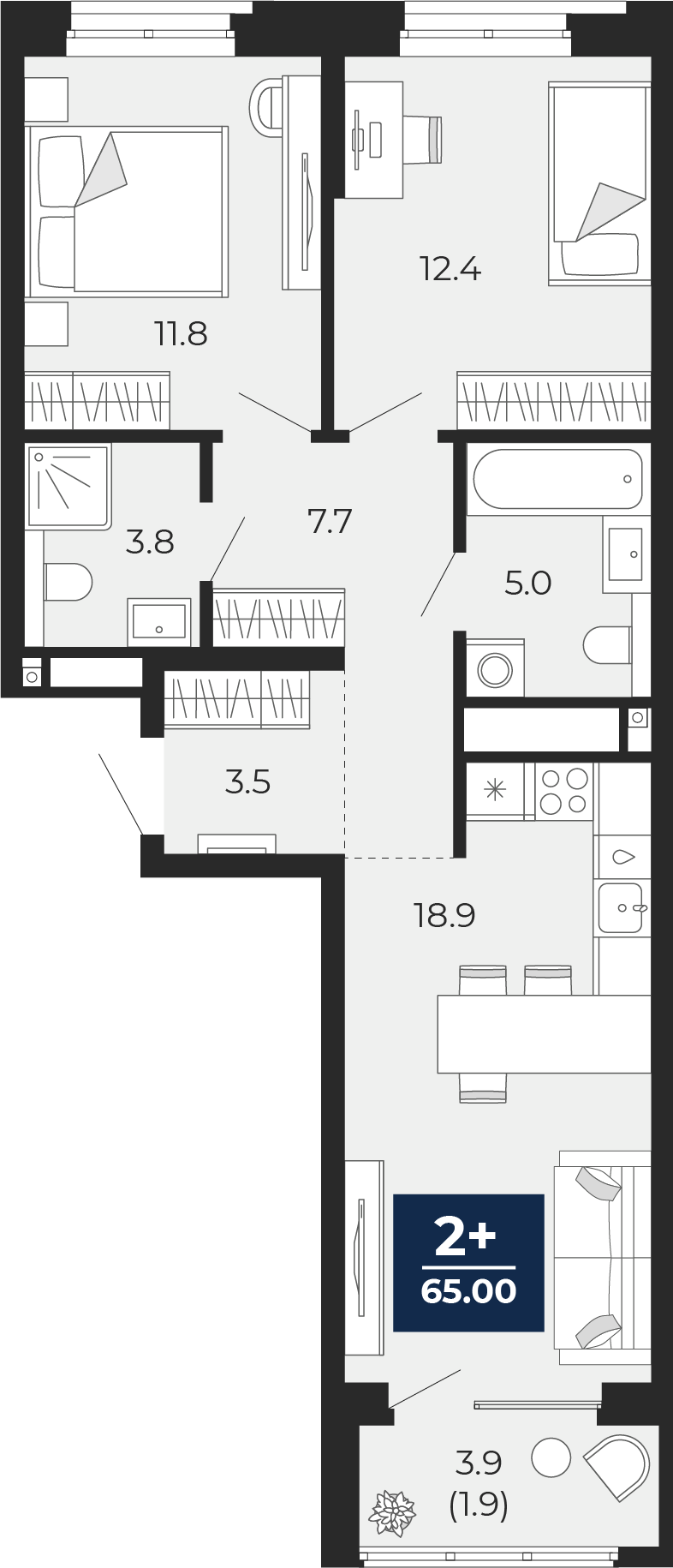 Планировка: Евротрешка 67 м² в ЖК Мириады, Мыс