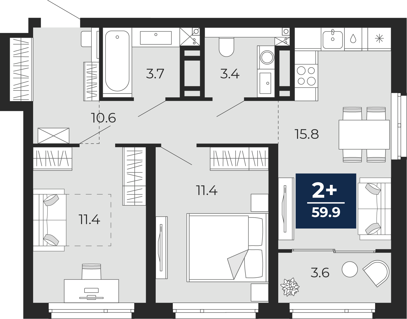 Планировка: Евротрешка 61.1 м² в ЖК Прео, Тюменская слобода