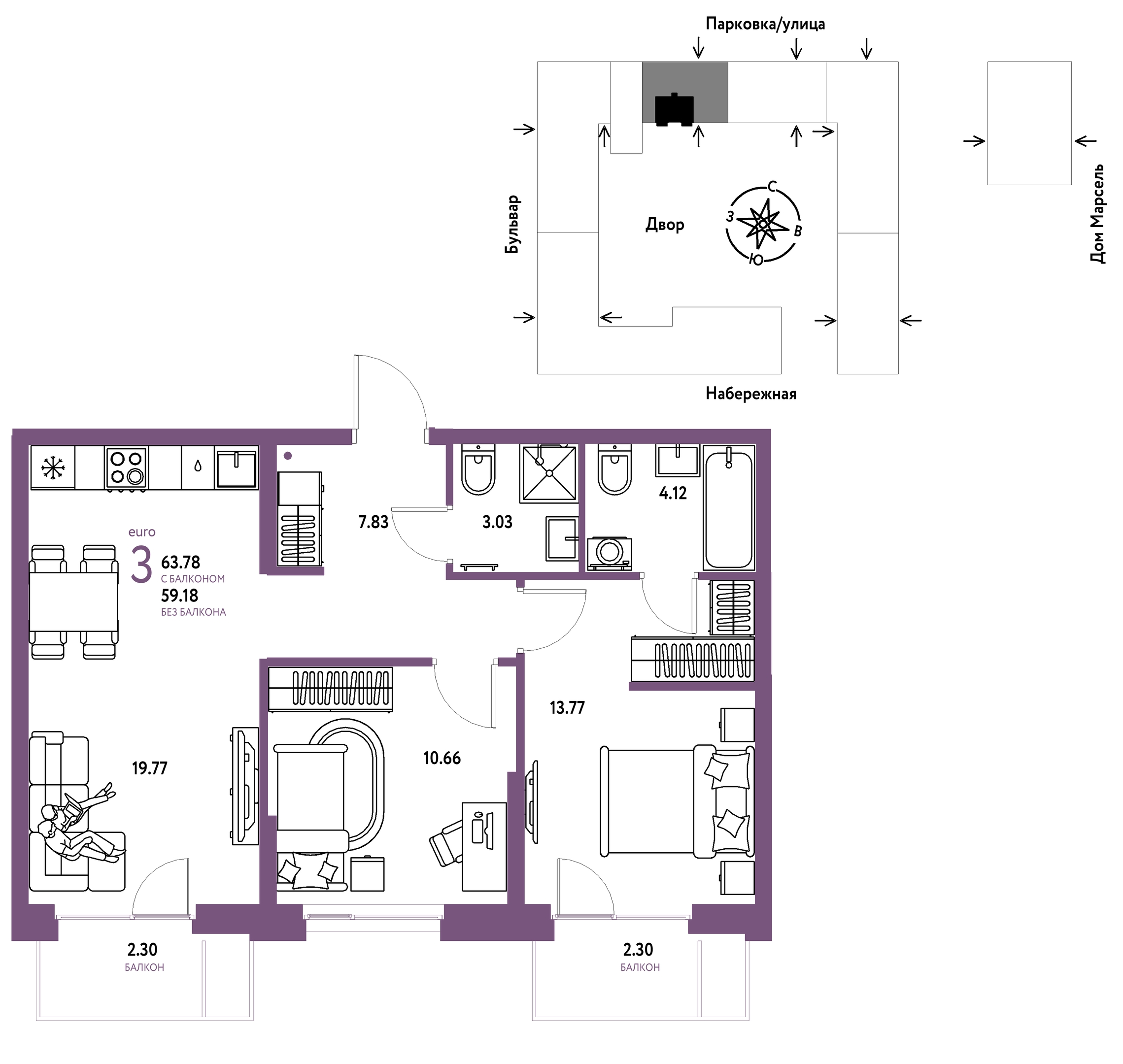 Планировка: Евротрешка 63.8 м² в ЖК Европейский берег 2.0, Европейский