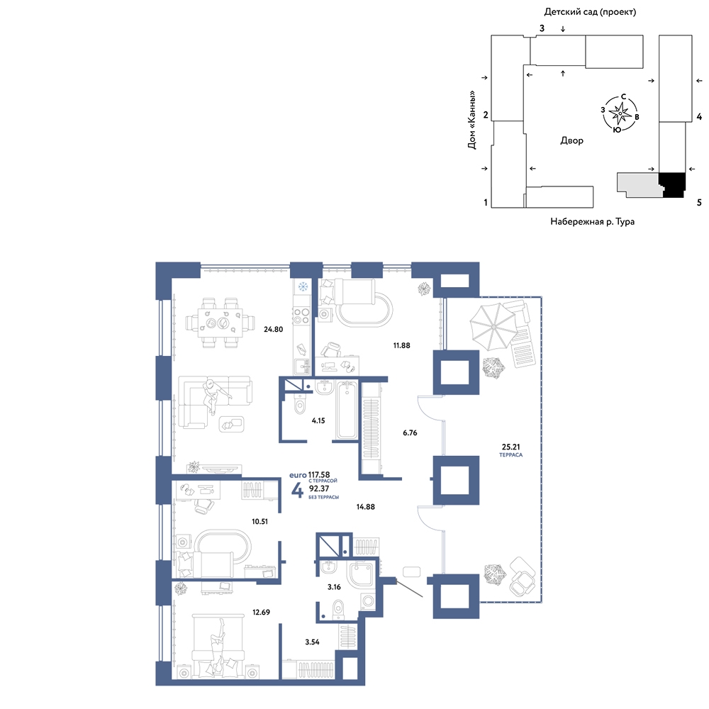 Планировка: 4-комнатная евро 117.6 м² в ЖК Европейский берег 2.0, Европейский