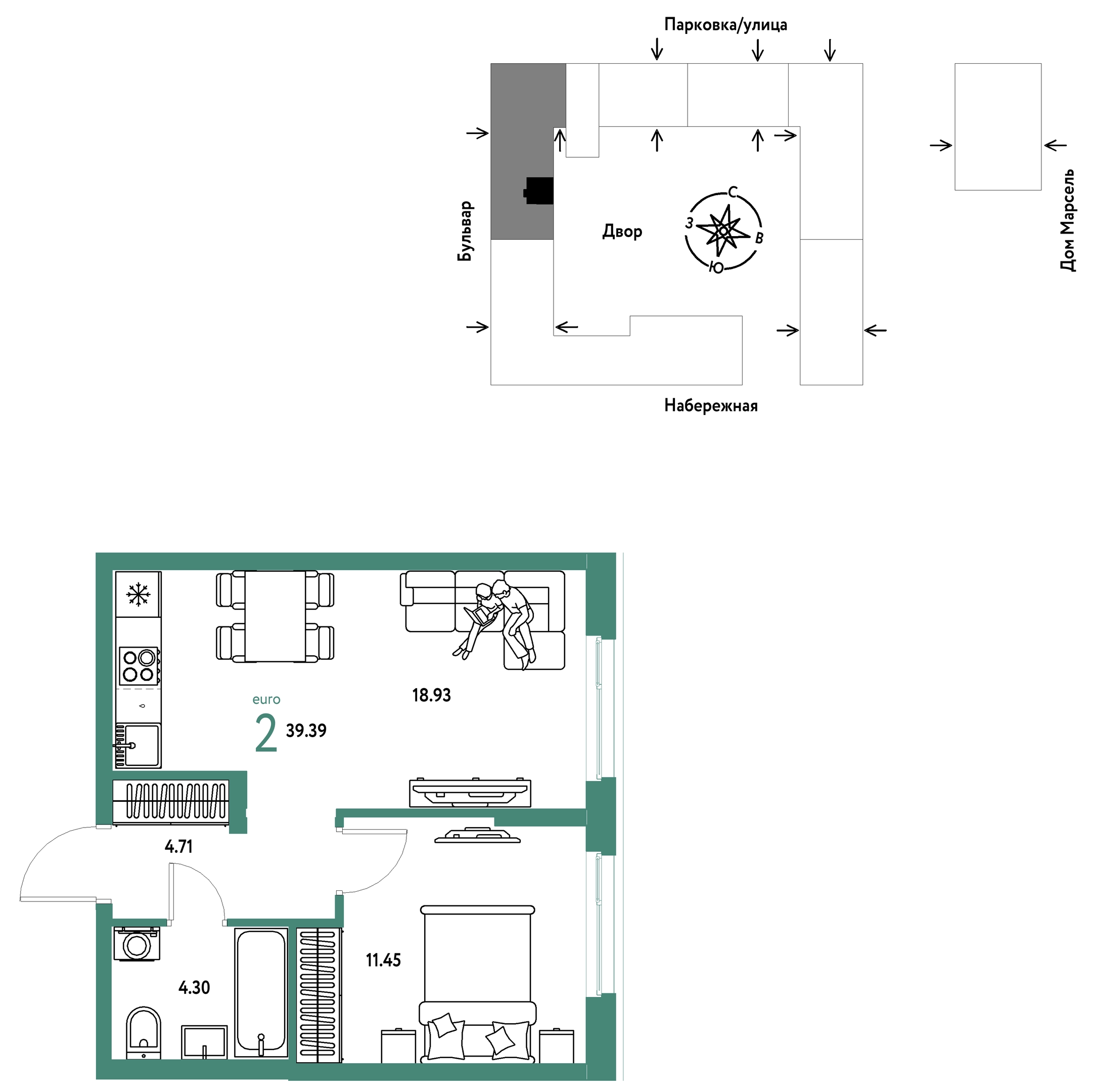 Планировка: Евродвушка 39.4 м² в ЖК Европейский берег 2.0, Европейский