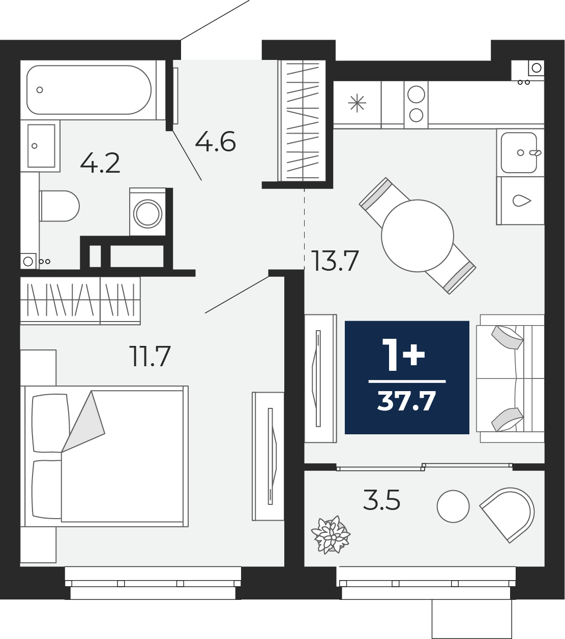 Планировка: Евродвушка 38.4 м² в ЖК Прео, Тюменская слобода