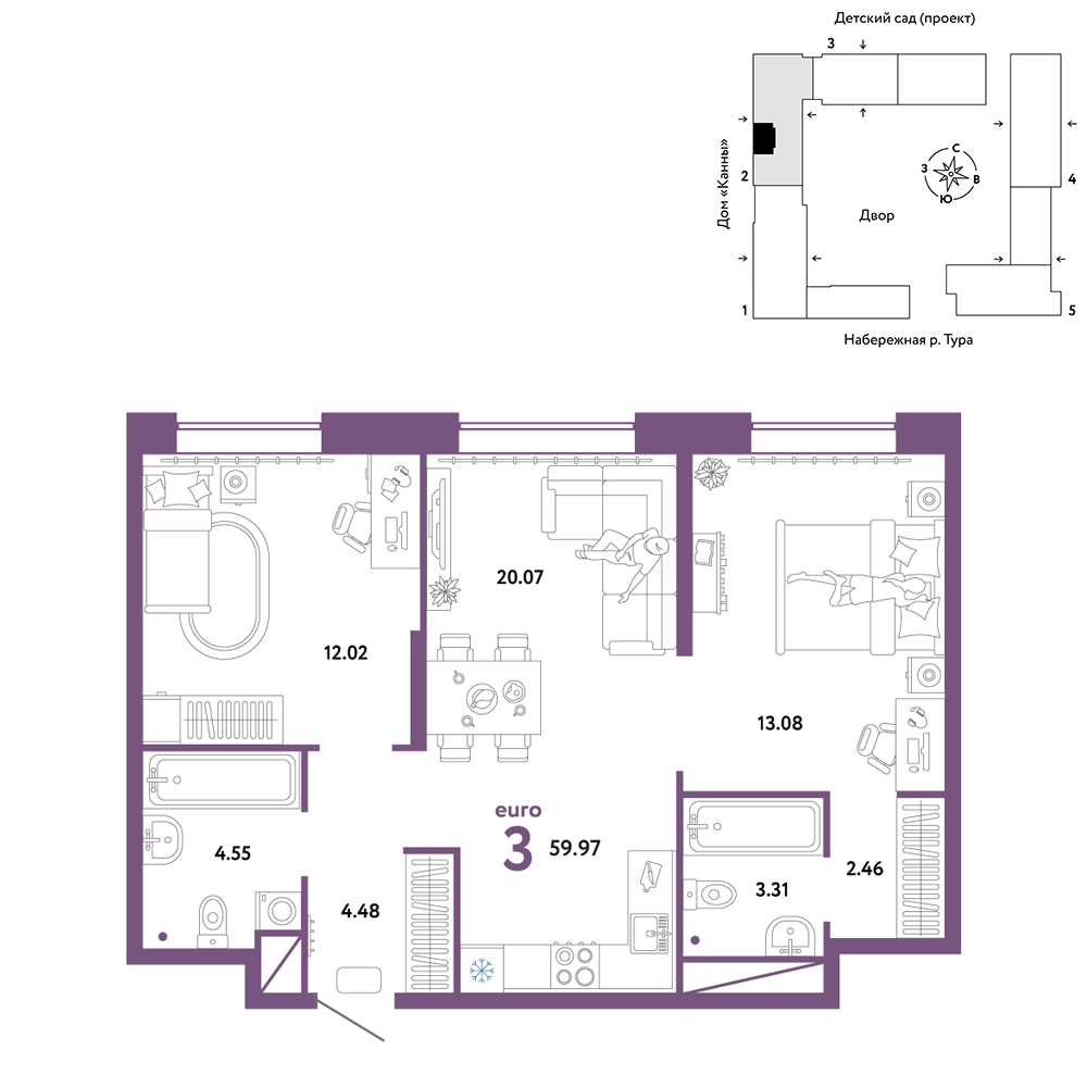 Планировка: Евротрешка 60 м² в ЖК Европейский берег 2.0, Европейский