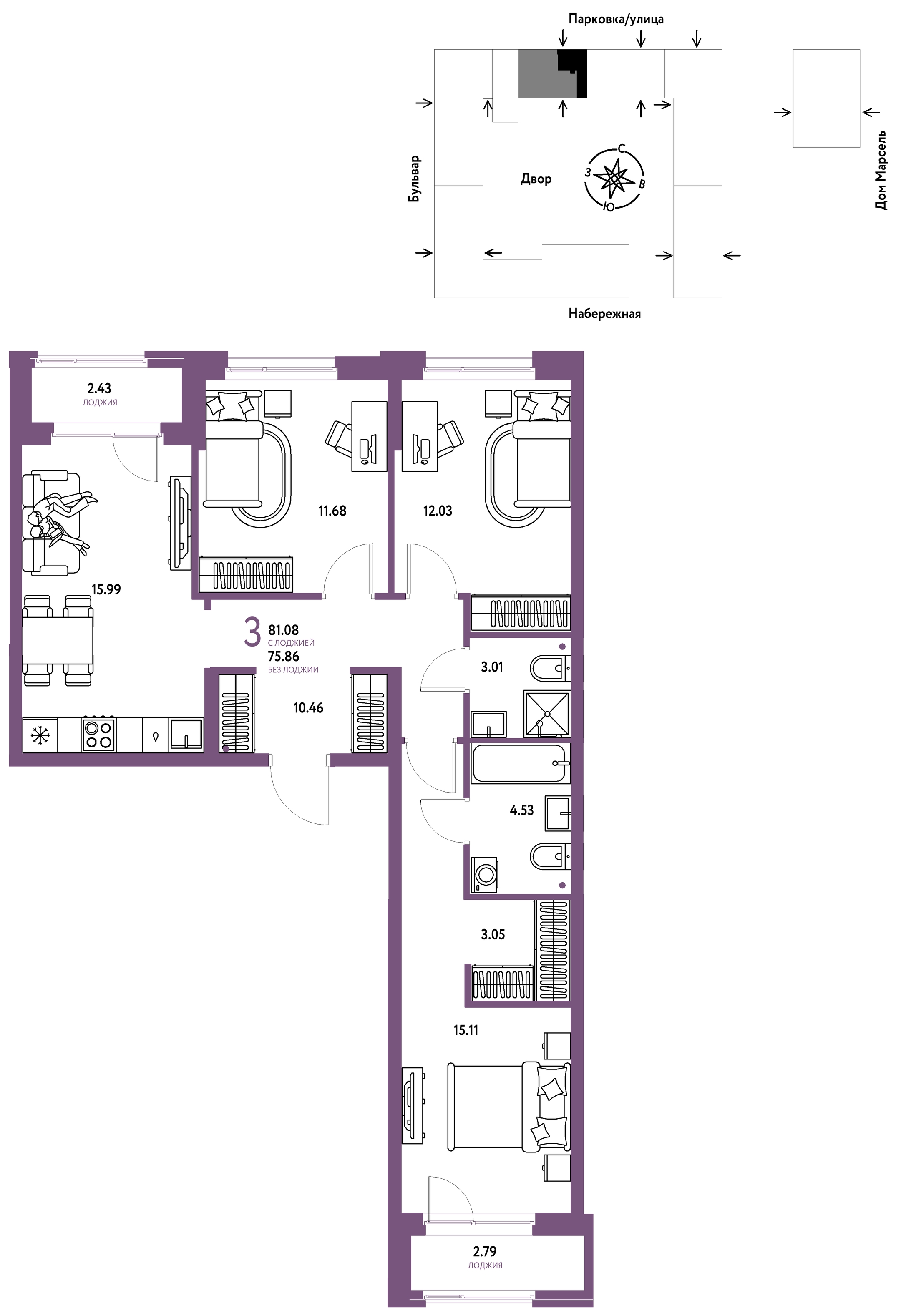 Планировка: 4-комнатная евро 81.1 м² в ЖК Европейский берег 2.0, Европейский