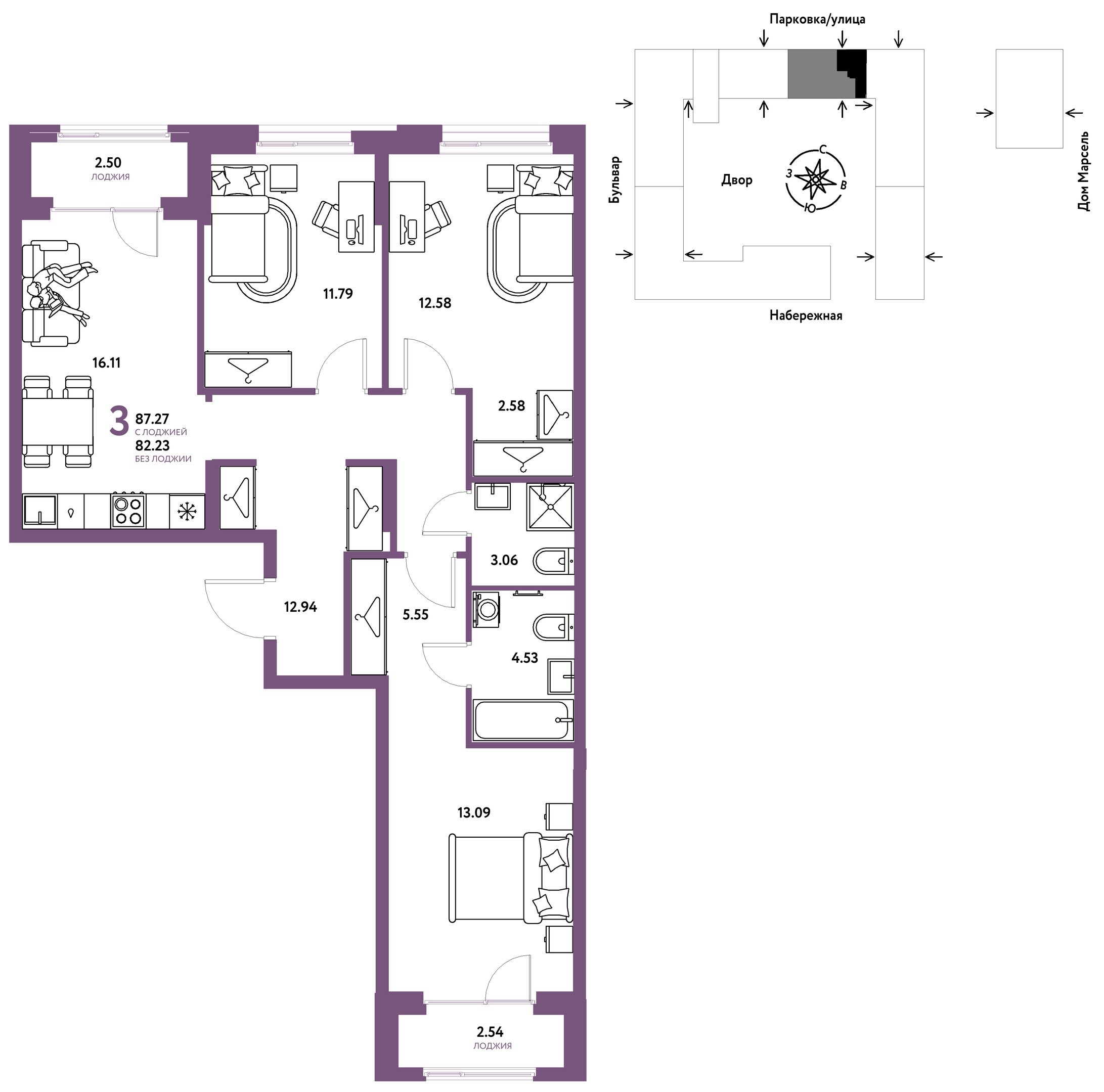 Планировка: 4-комнатная евро 87.3 м² в ЖК Европейский берег 2.0, Европейский