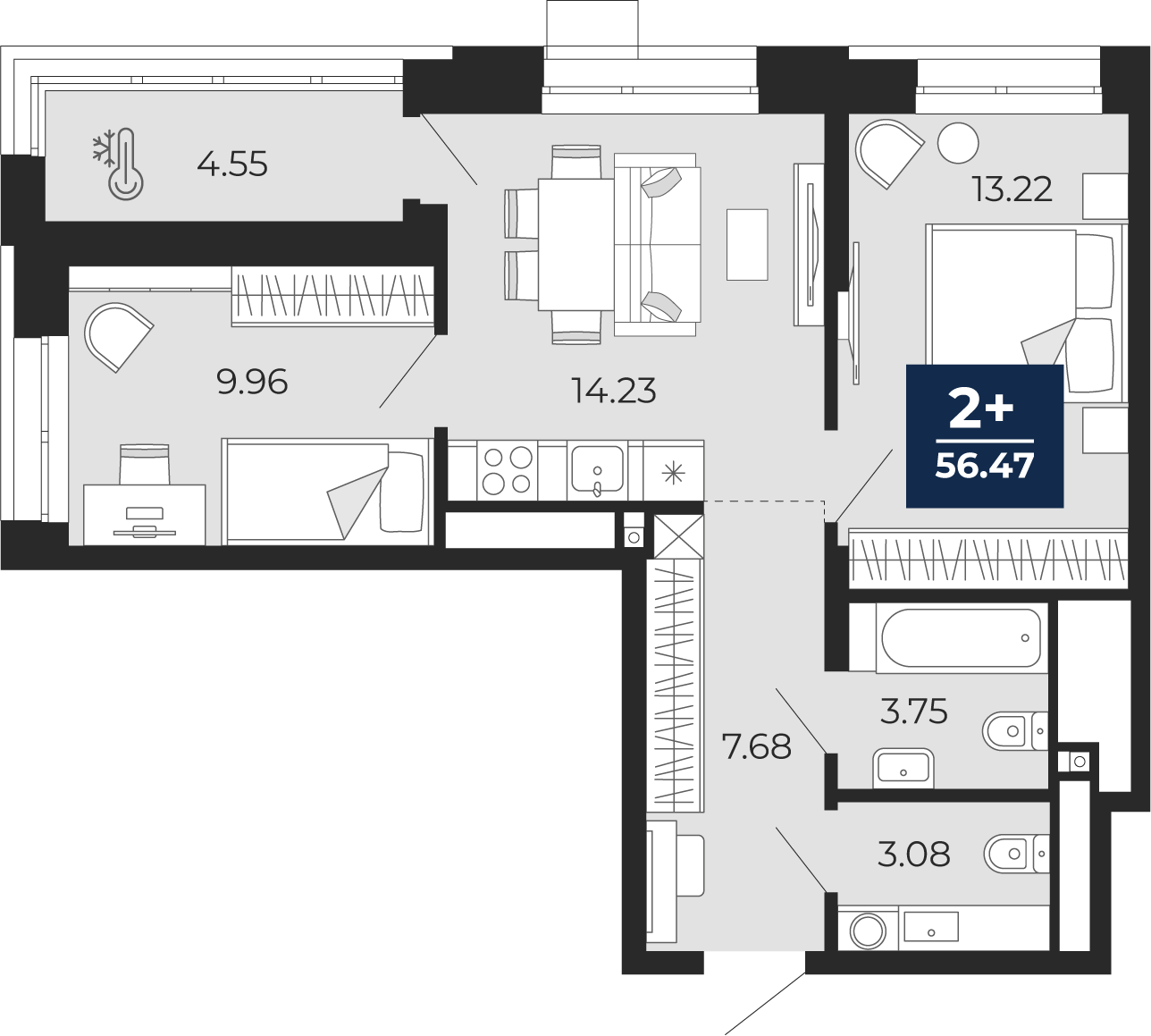 Планировка: Евротрешка 56.5 м² в ЖК Мириады, Мыс