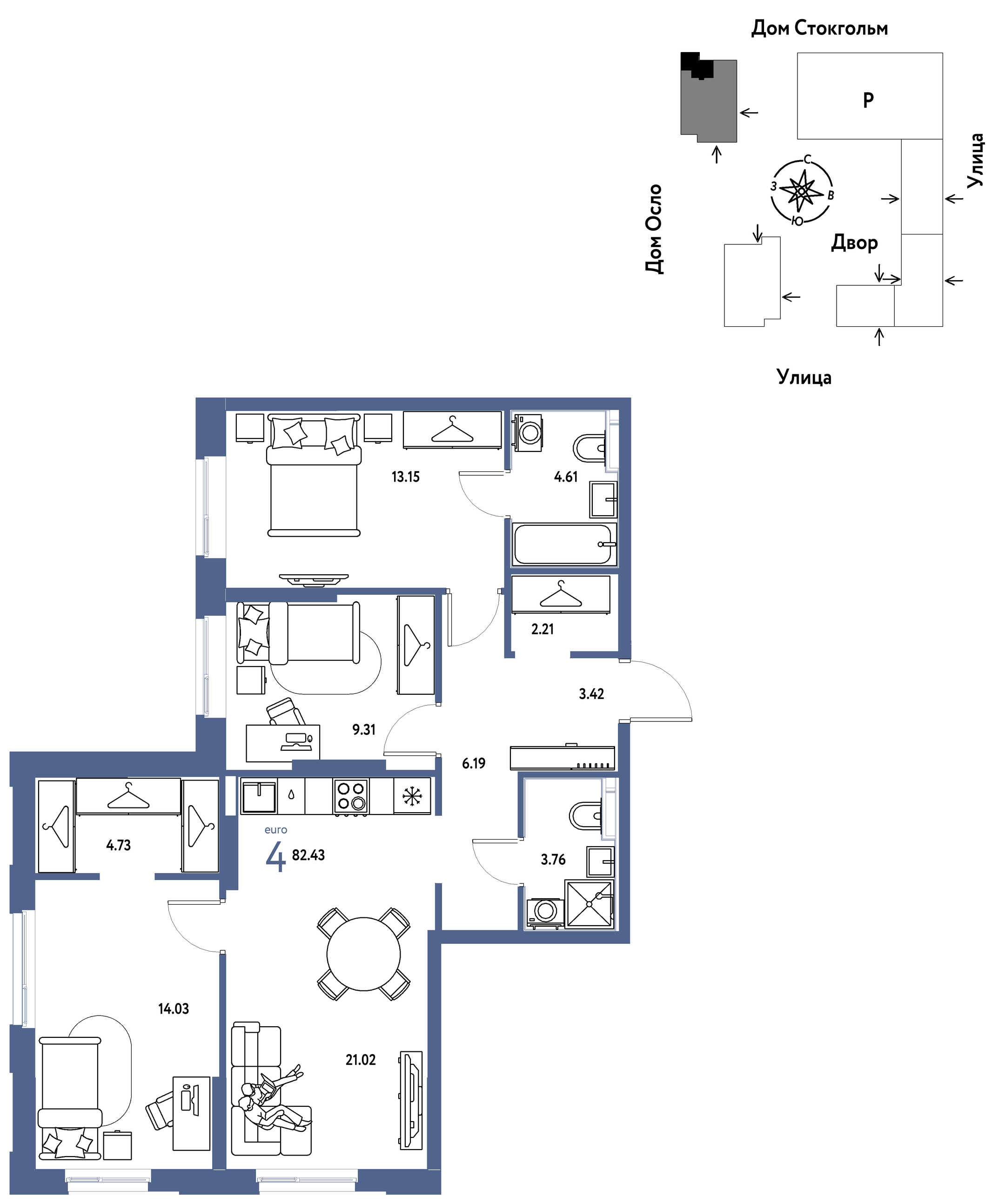 Планировка: 4-комнатная евро 82.4 м² в ЖК Европейский берег 2.0, Европейский