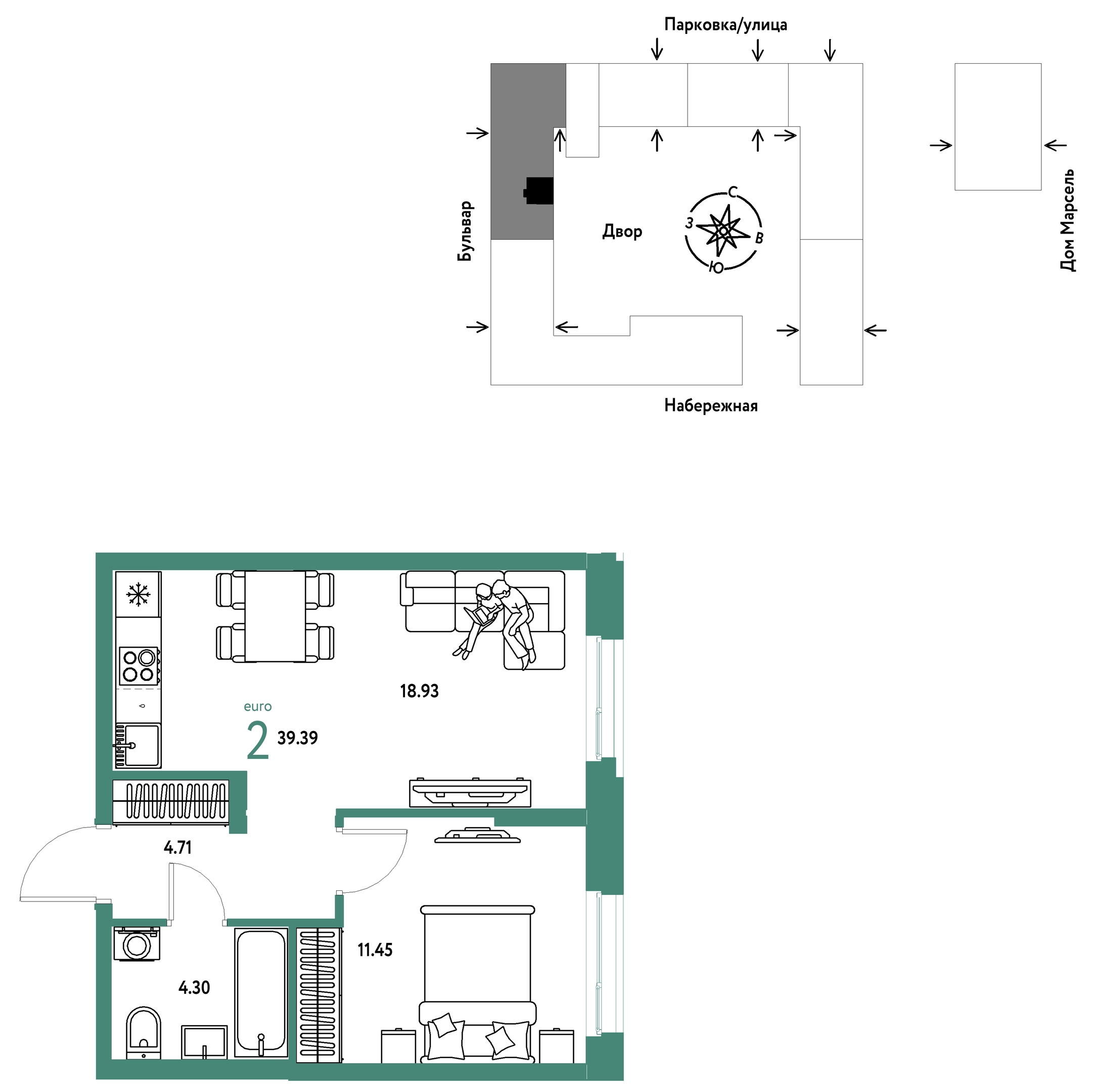 Планировка: Евродвушка 39.4 м² в ЖК Европейский берег 2.0, Европейский