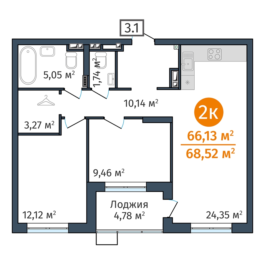 Планировка: Евротрешка 68.5 м² в ЖК DOK, ДОК