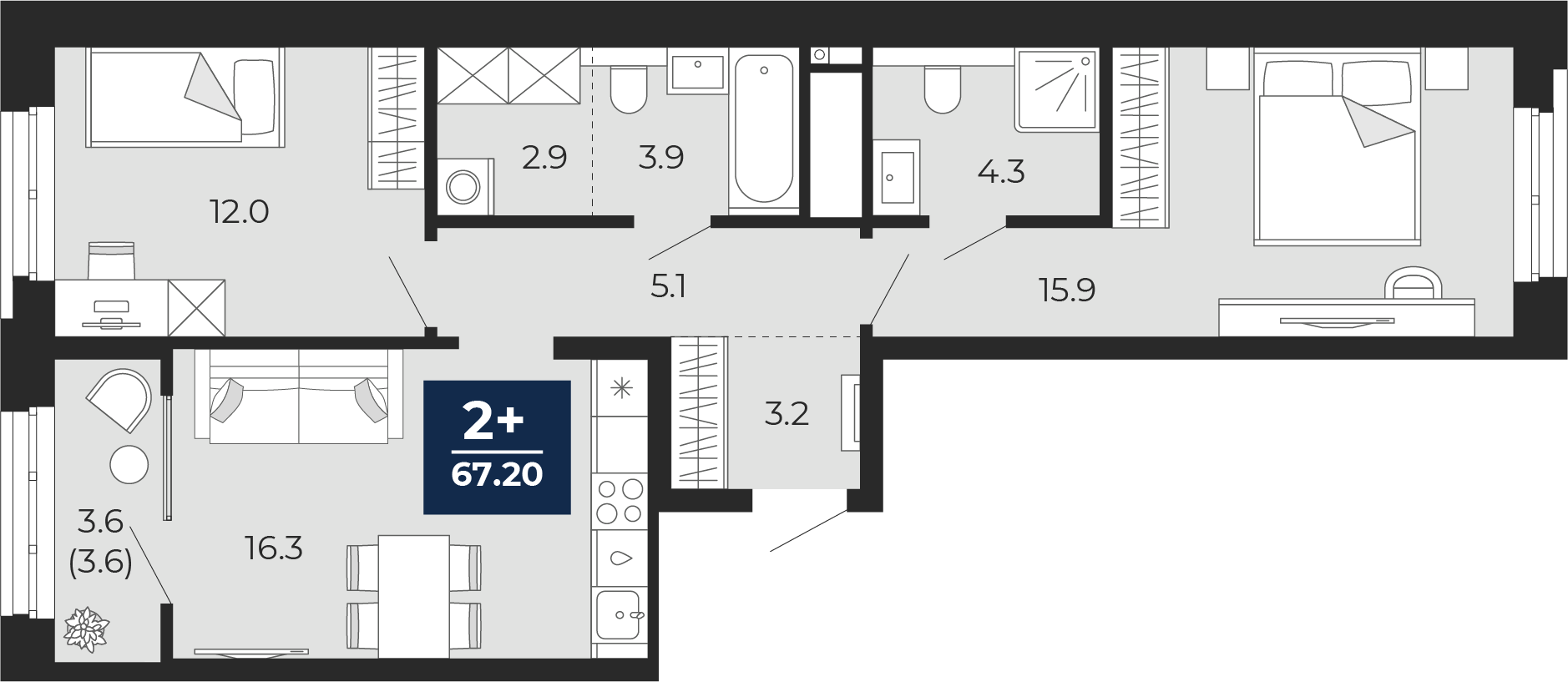 Планировка: Евротрешка 67.2 м² в ЖК Мириады, Мыс