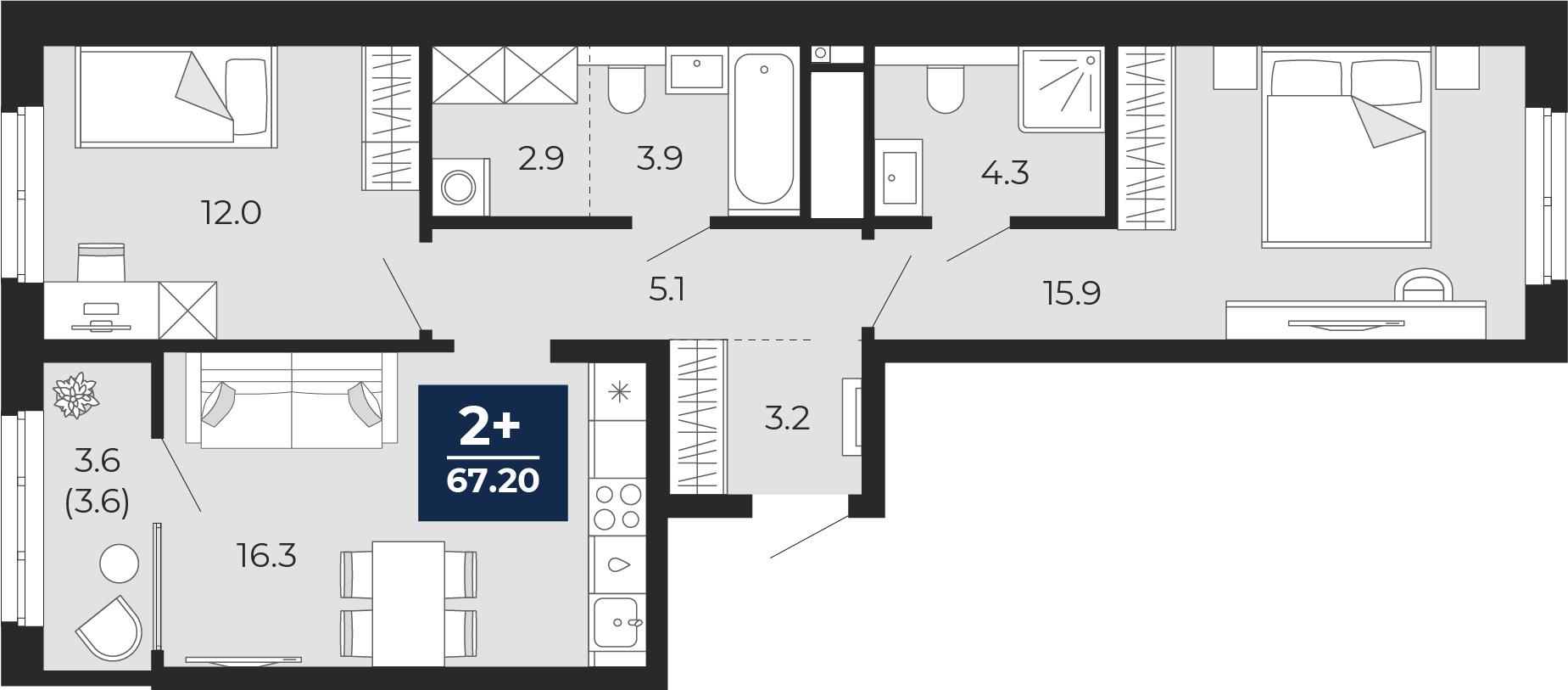 Планировка: Евротрешка 67.2 м² в ЖК Мириады, Мыс