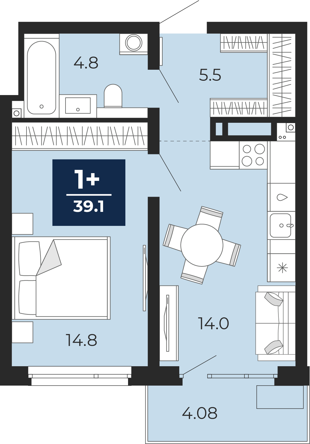 Планировка: Евродвушка 43.8 м² в ЖК Прео, Тюменская слобода