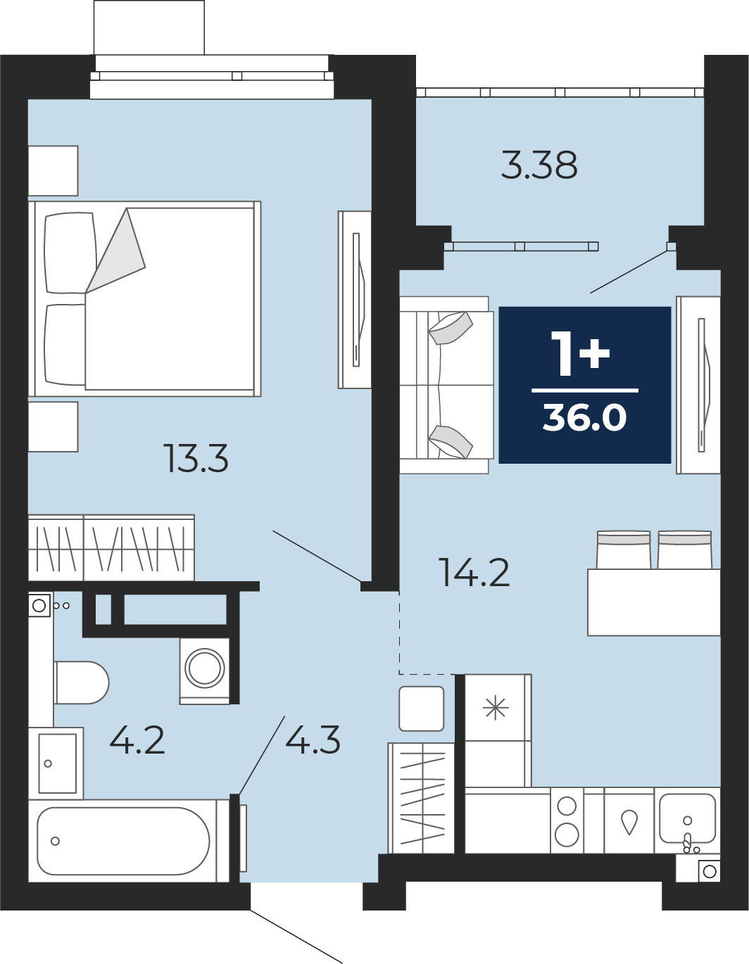 Планировка: Евродвушка 40.1 м² в ЖК Прео, Тюменская слобода
