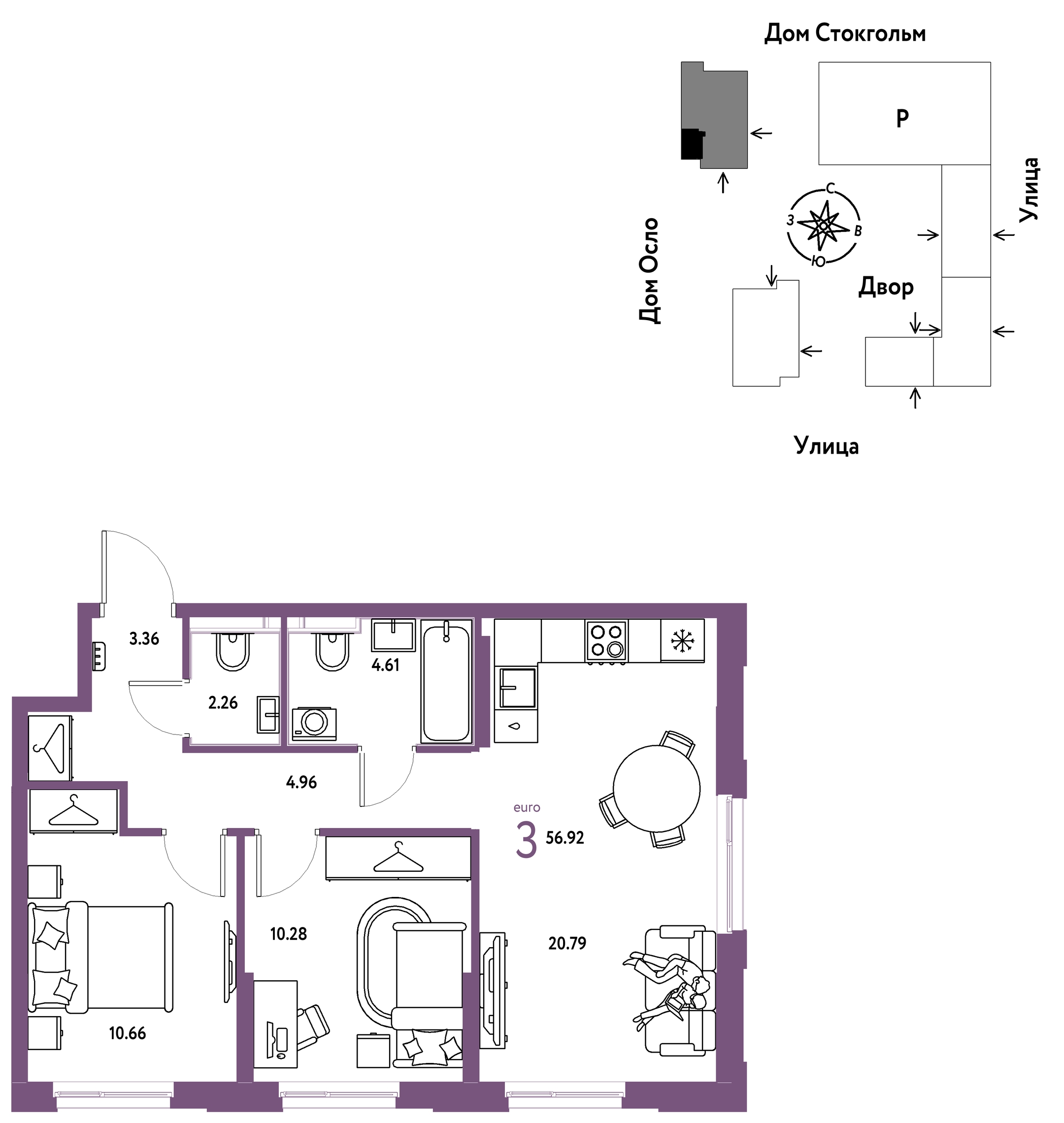 Планировка: Евротрешка 56.9 м² в ЖК Европейский берег 2.0, Европейский