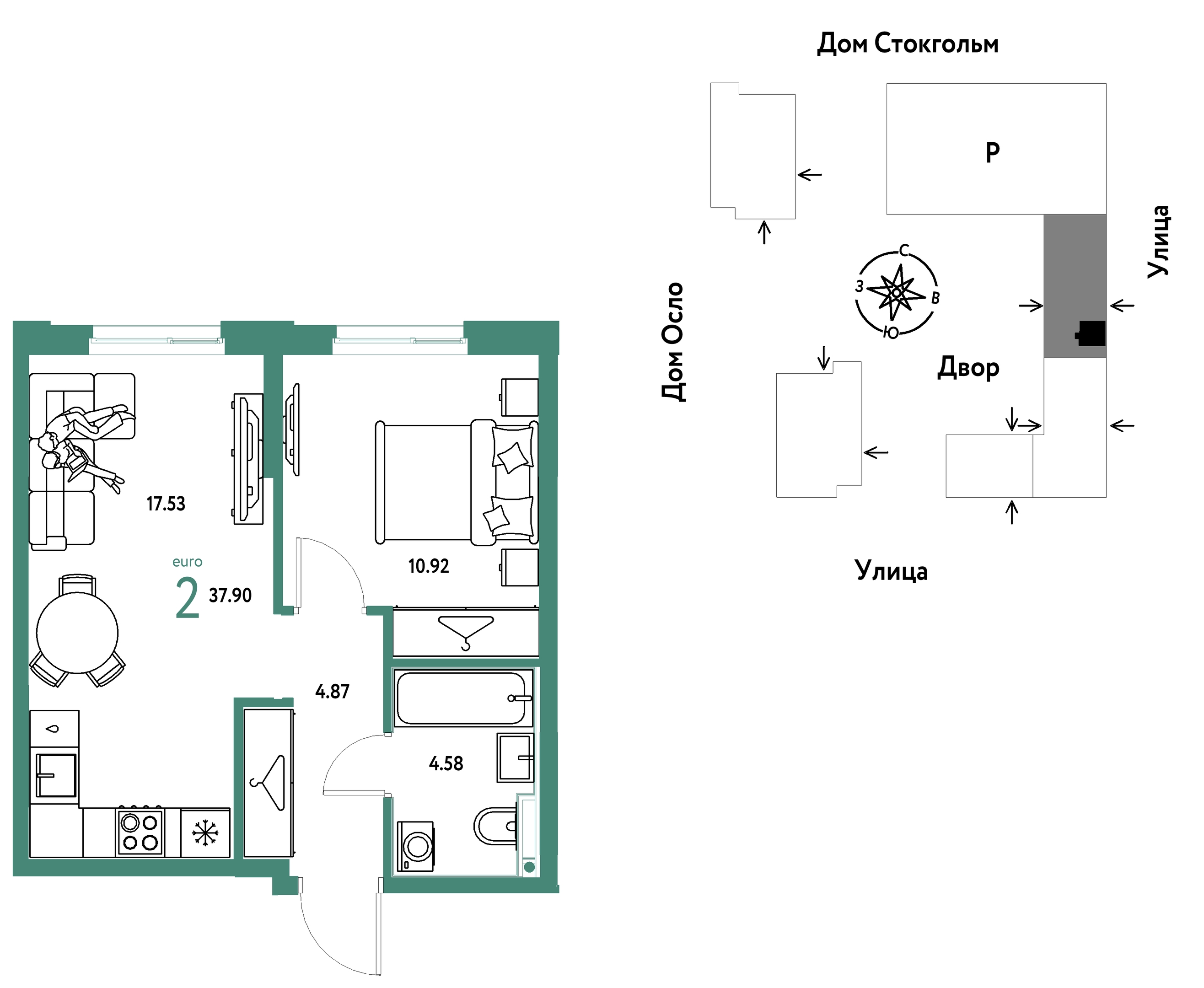 Планировка: Евродвушка 37.9 м² в ЖК Европейский берег 2.0, Европейский