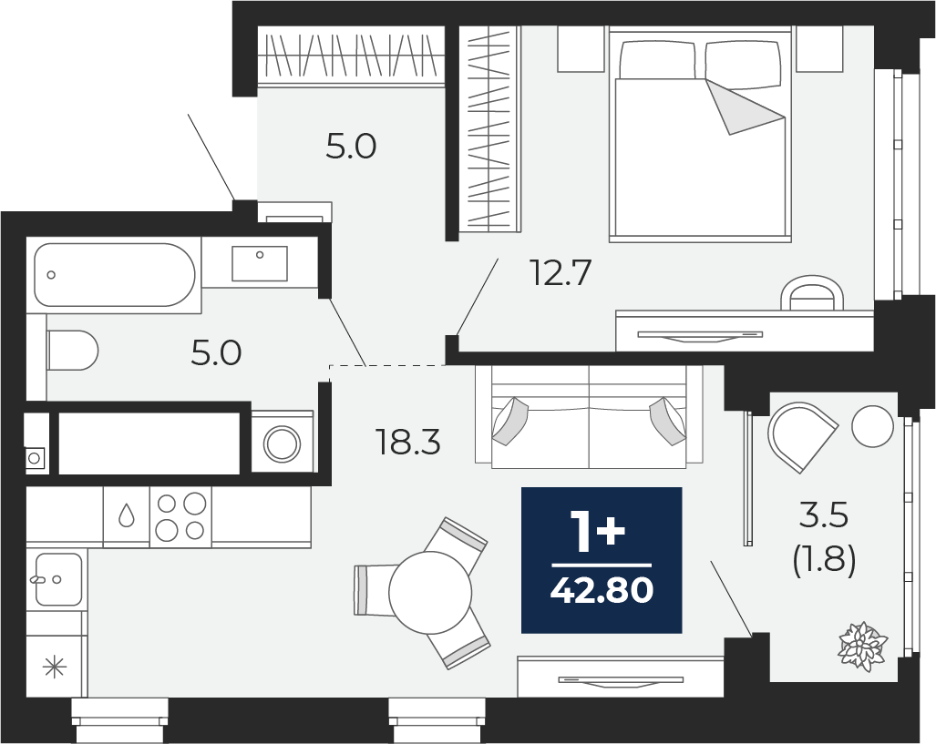 Планировка: Евродвушка 44.5 м² в ЖК Мириады, Мыс