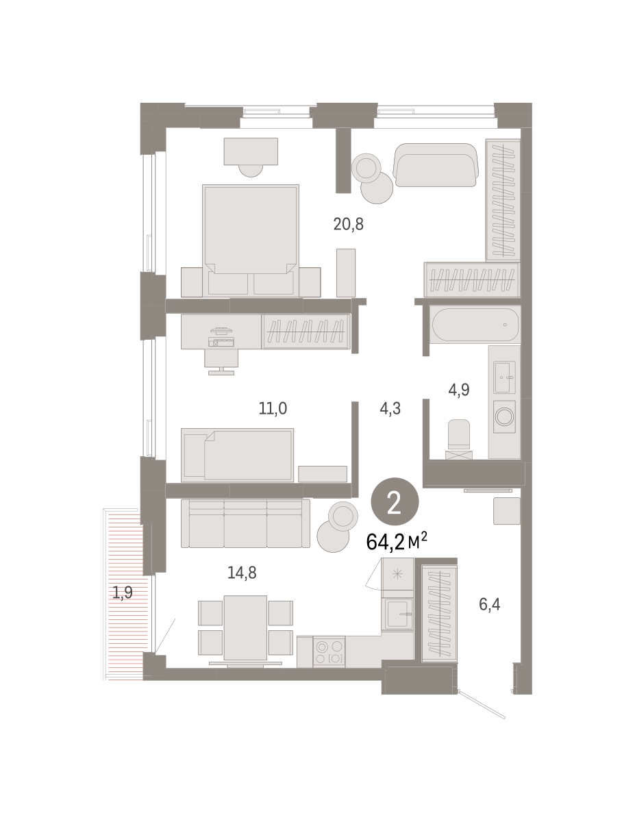 Планировка: Евротрешка 64.2 м² в ЖК Зарека, Заречный