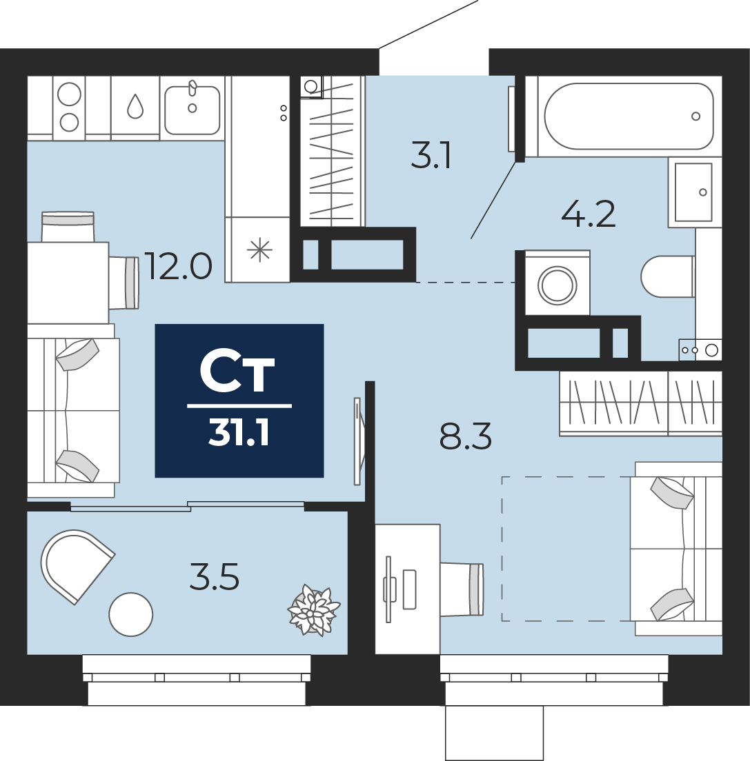 Планировка: Студия 31.9 м² в ЖК Беринг, Лесобаза
