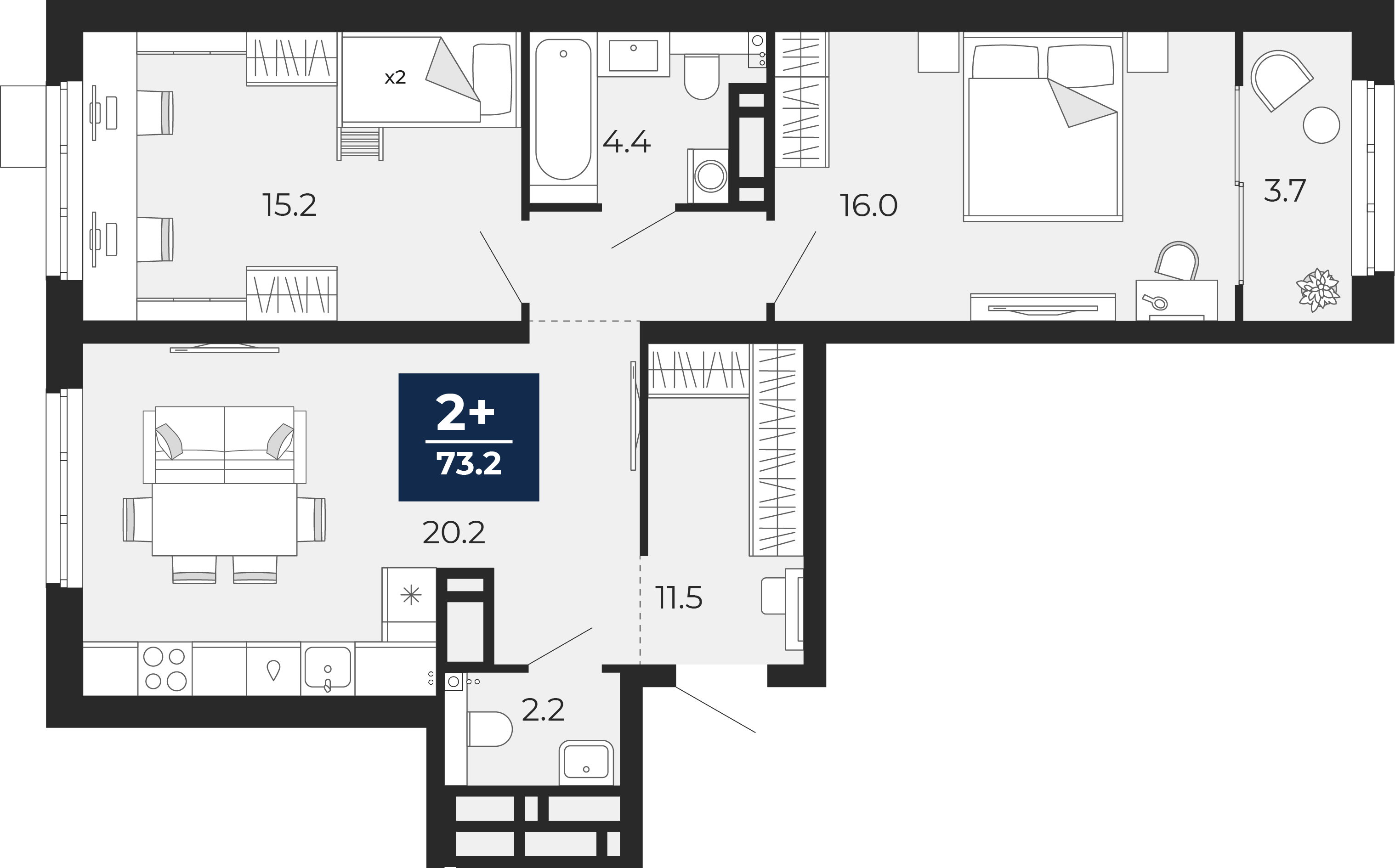 Планировка: Евротрешка 74.7 м² в ЖК Беринг, Лесобаза