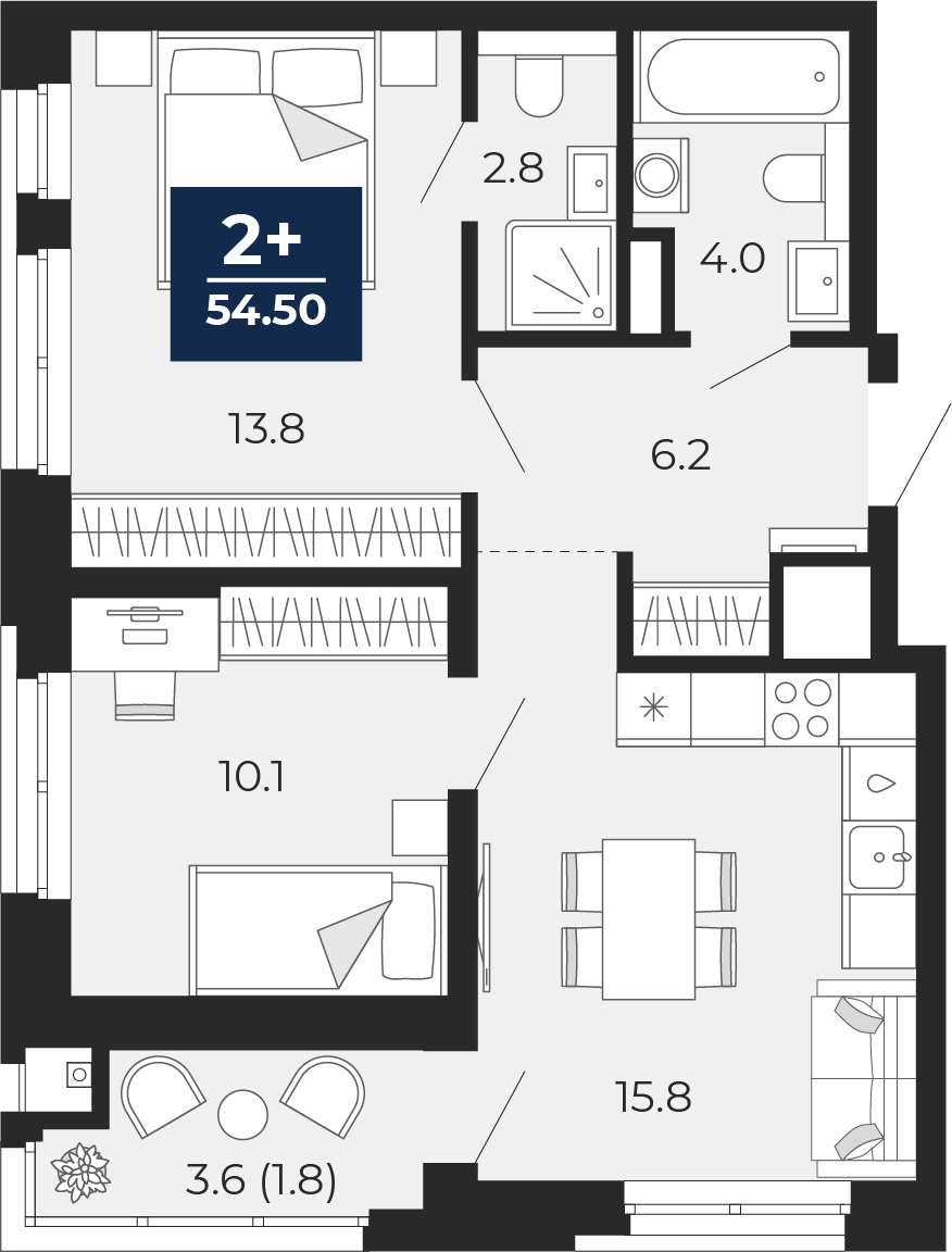 Планировка: Евротрешка 56.3 м² в ЖК Мириады, Мыс