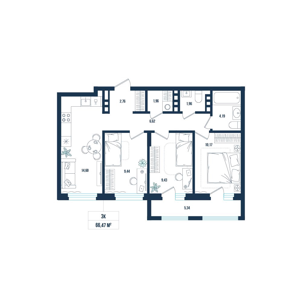 Планировка: 4-комнатная евро 66.5 м² в ЖК Смородина, ЖК Смородина
