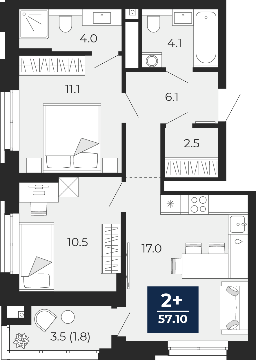 Планировка: Евротрешка 58.8 м² в ЖК Мириады, Мыс
