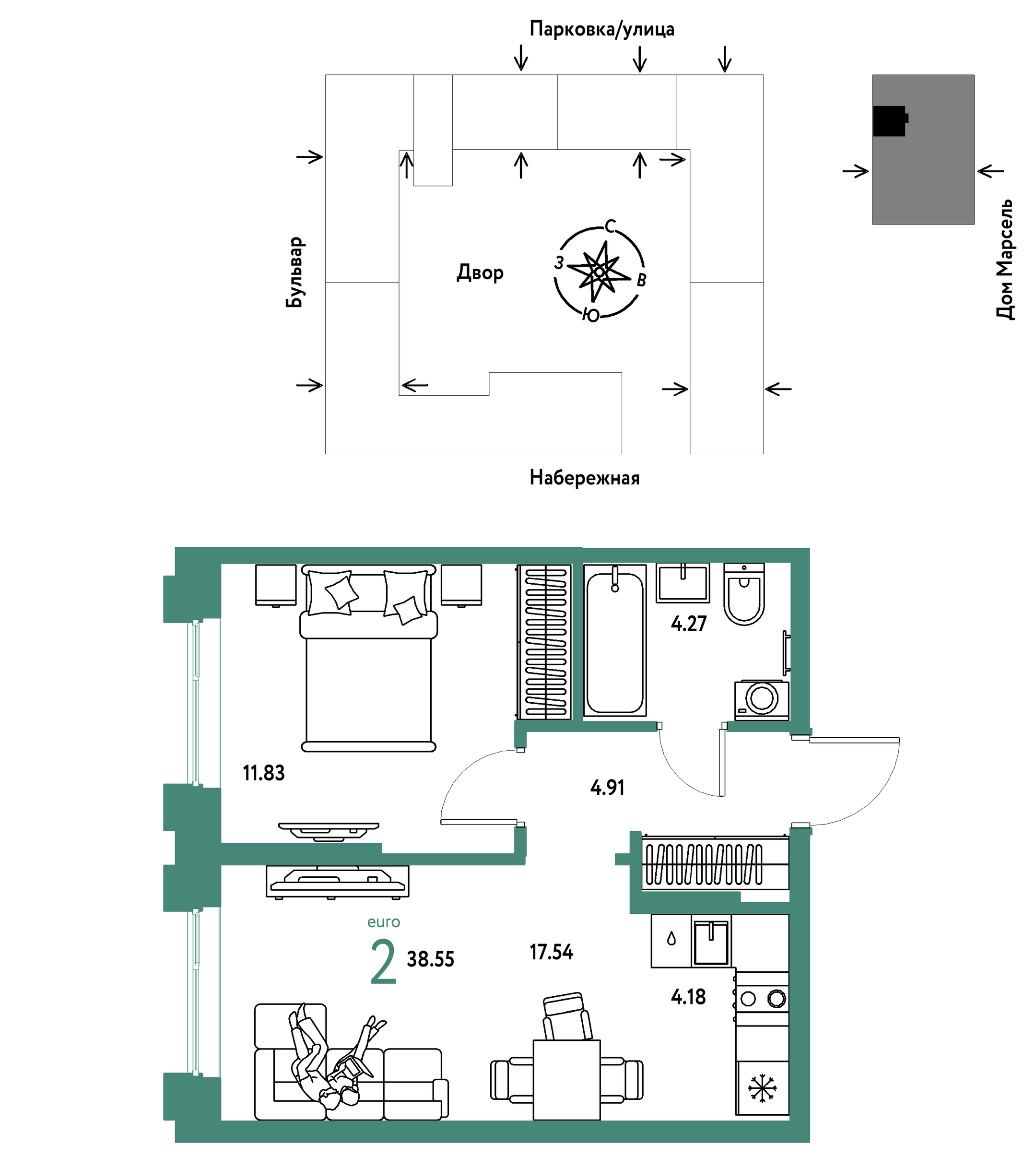 Планировка: Евродвушка 38.5 м² в ЖК Европейский берег 2.0, Европейский