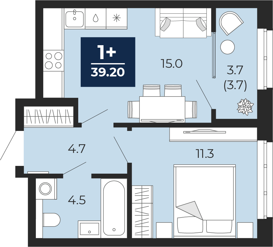 Планировка: Евродвушка 39.2 м² в ЖК Мириады, Мыс