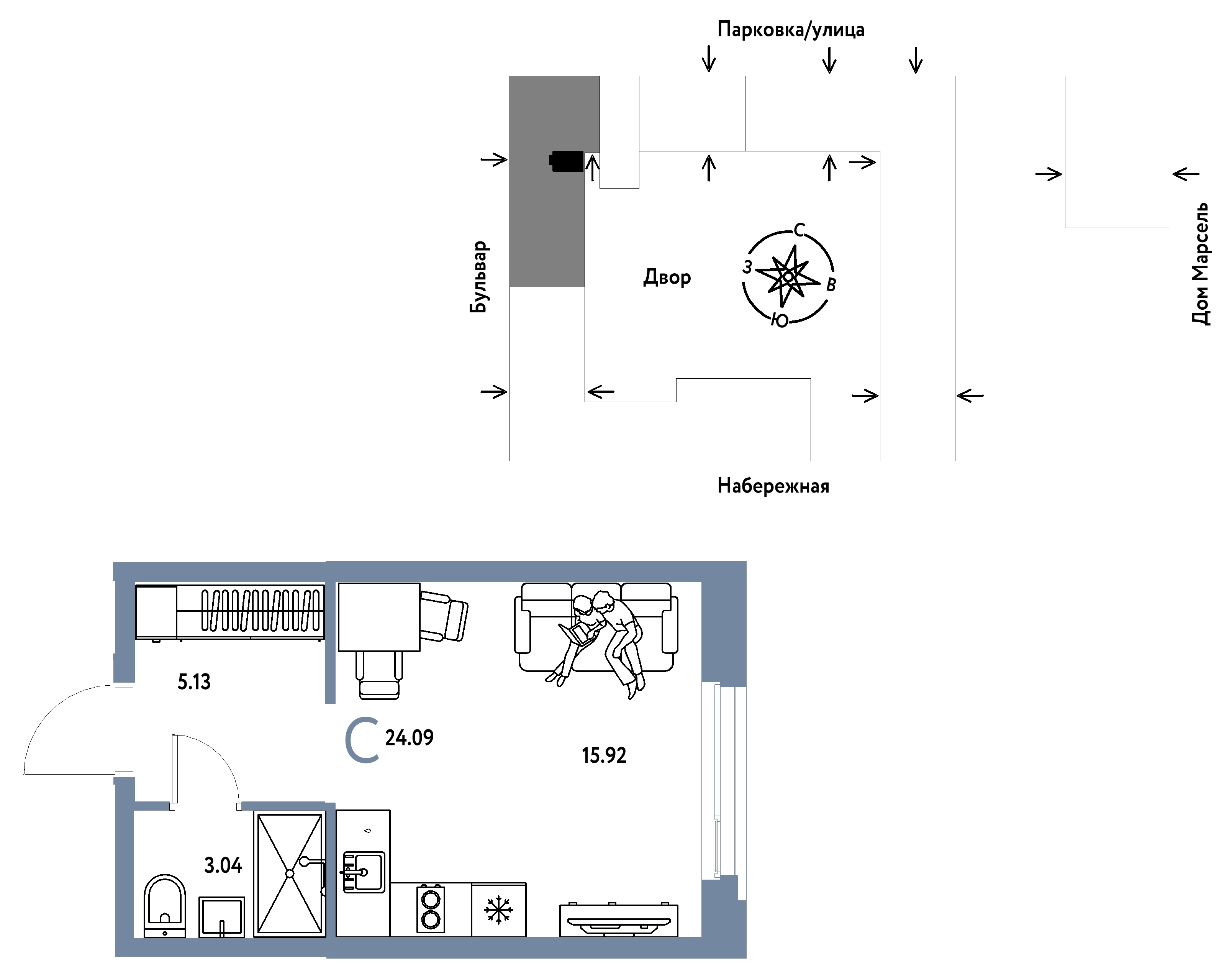 Планировка: Студия 24.1 м² в ЖК Европейский берег 2.0, Европейский