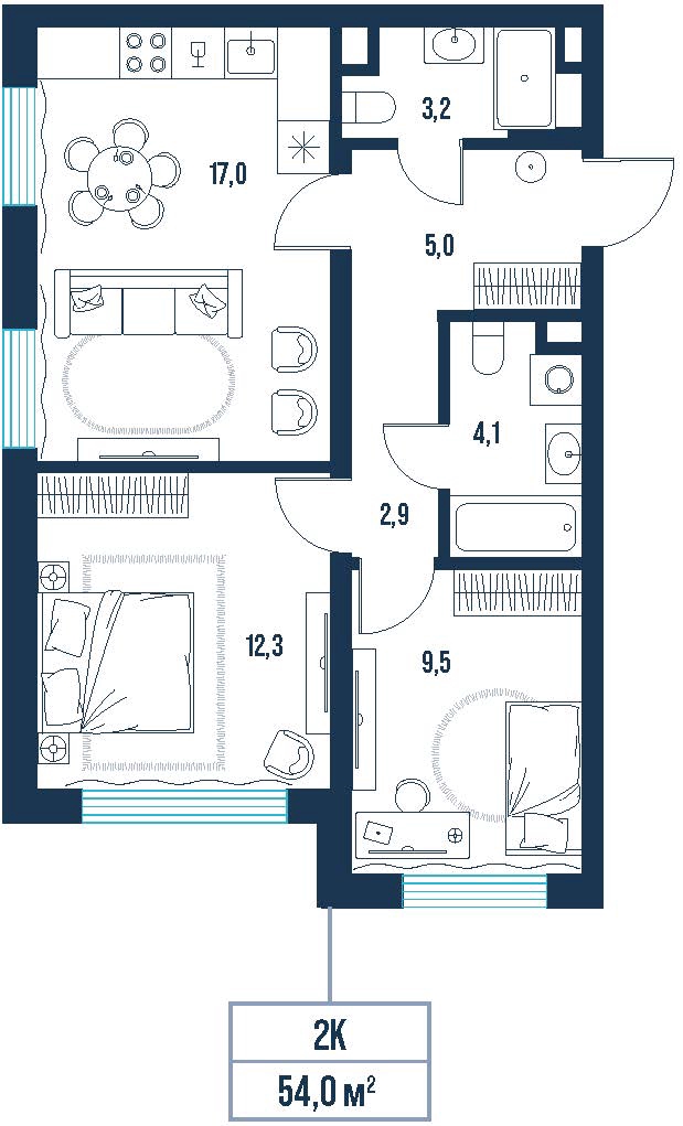 Планировка: 2-комнатная 54 м² в ЖК AIRIS, Комарово Парк