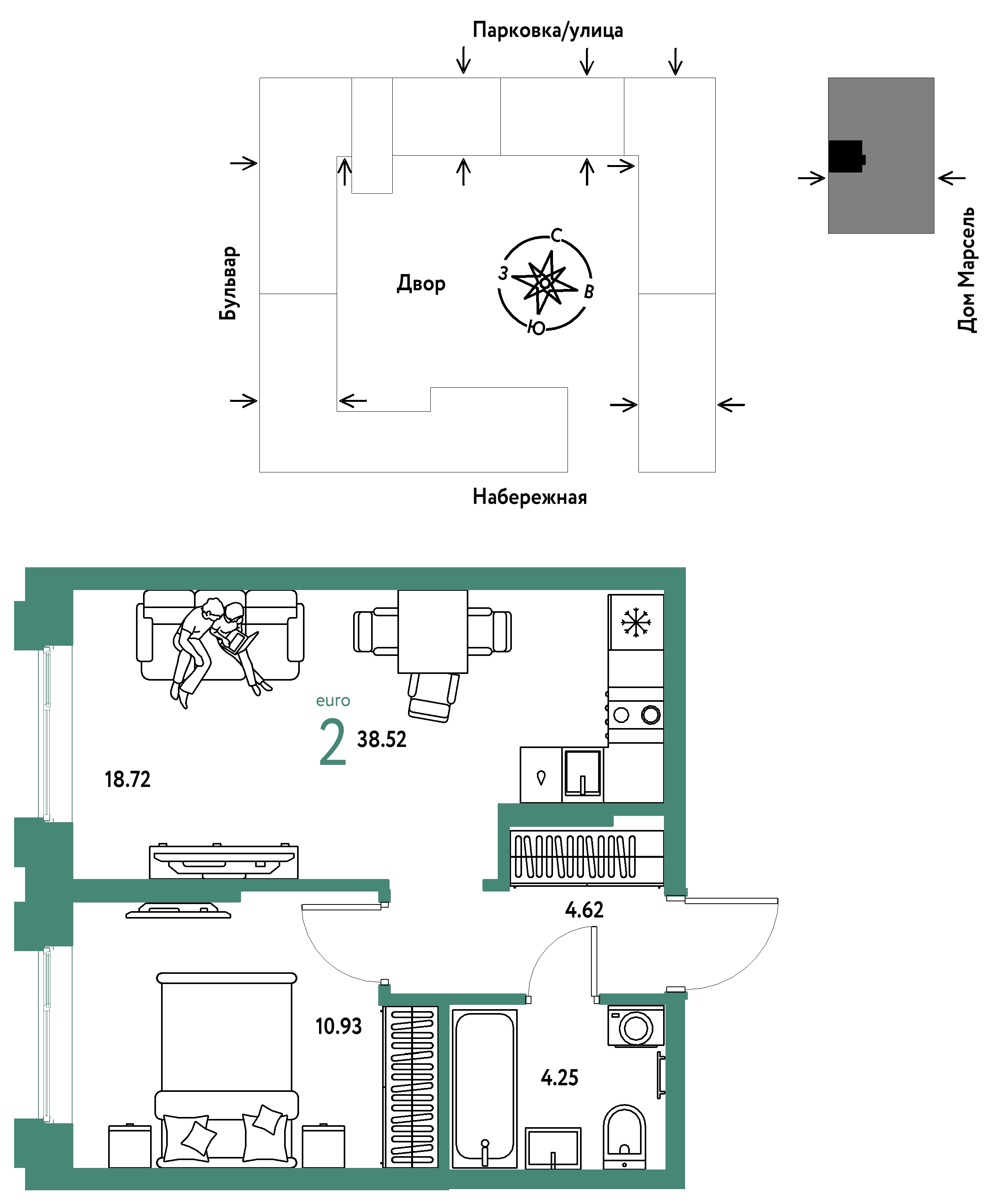 Планировка: Евродвушка 38.5 м² в ЖК Европейский берег 2.0, Европейский