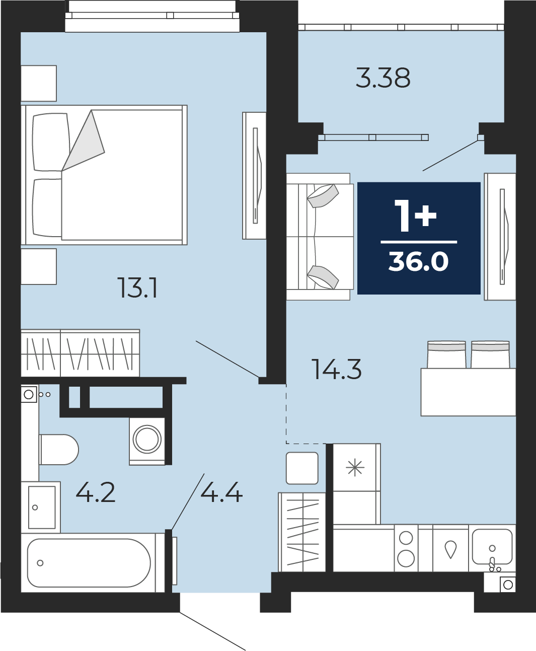 Планировка: Евродвушка 40.1 м² в ЖК Прео, Тюменская слобода