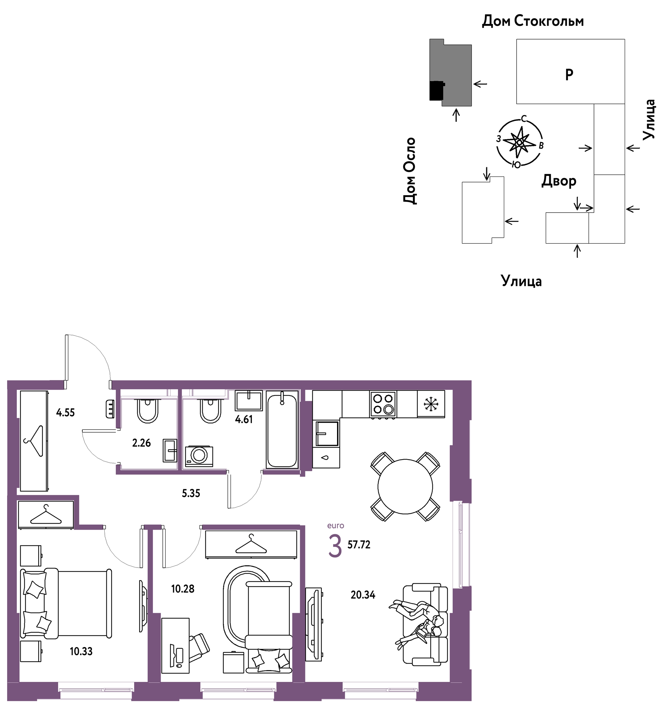 Планировка: Евротрешка 57.7 м² в ЖК Европейский берег 2.0, Европейский